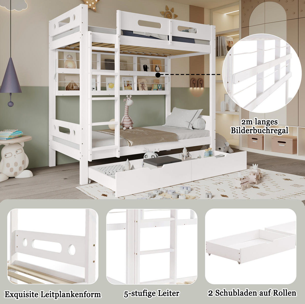 ETAGENBETT aus Kiefernholz und MDF 90x200 cm Weiß/Natur mit Schubladen, Regal und Fallschutzgitter - Weiß, Holzwerkstoff (90/200cm) - IVMEU