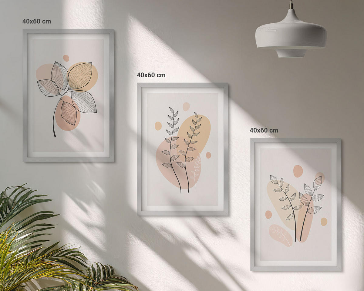 BILDER SET 3er Set - 40x60 cm Silberner Rahmen - Pastellfarbene Pflanzenzeichnungen - Silberfarben, Kunststoff (40/60cm) - TULUP
