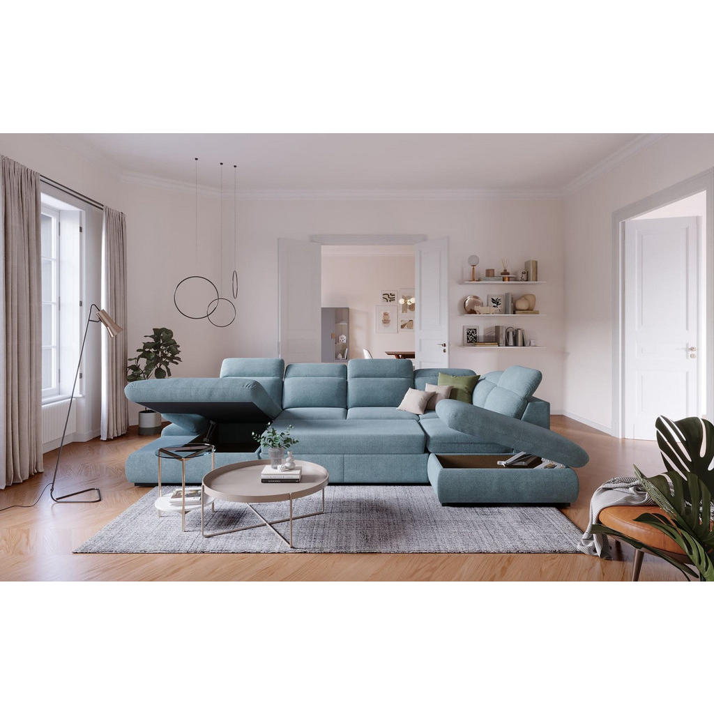 Thumbnail - Cotta Wohnlandschaft, Türkis, Textil, Echtholz,Fichte, U-Form,L-Form, 218x80x341 cm, Wohnzimmer, Sofas & Couches, Wohnla...