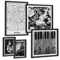 BILDER SET 5er Set - 50x50 cm & 20x30 cm & 40x60 cm Schwarzer Rahmen - Porträt einer Frau mit einer Eiffel-Rose - Schwarz, Kunststoff (40/60cm) - TULUP