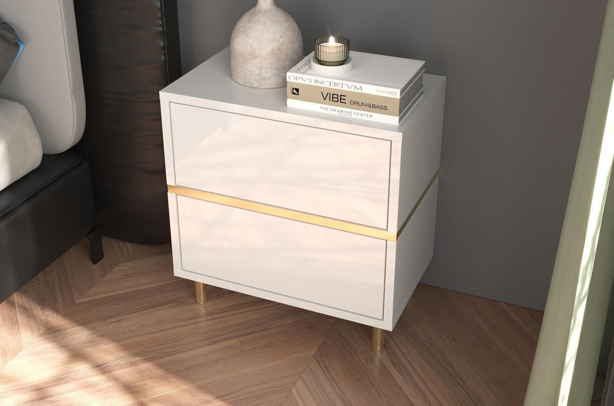 NACHTTISCH Marika, Weiß, Gold, Hochglanz - Goldfarben/Weiß, Holzwerkstoff/Metall (49/50.5/29.5cm) - Dancan