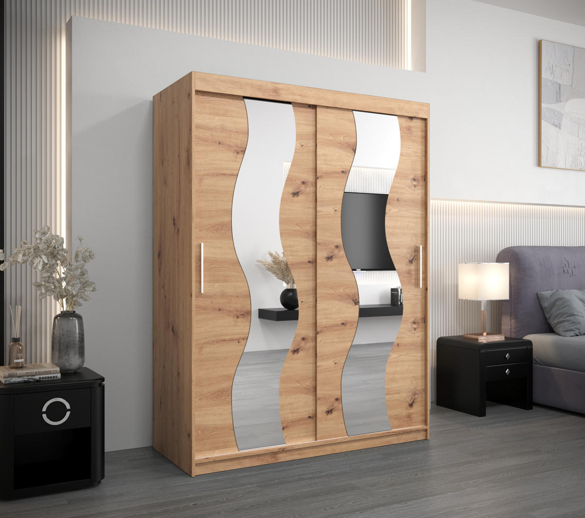 SCHWEBETÜRENSCHRANK 200/150/62 2-türig - Silberfarben/Eiche Artisan, Holz/Kunststoff (150/200/62cm) - Abiks Möbel
