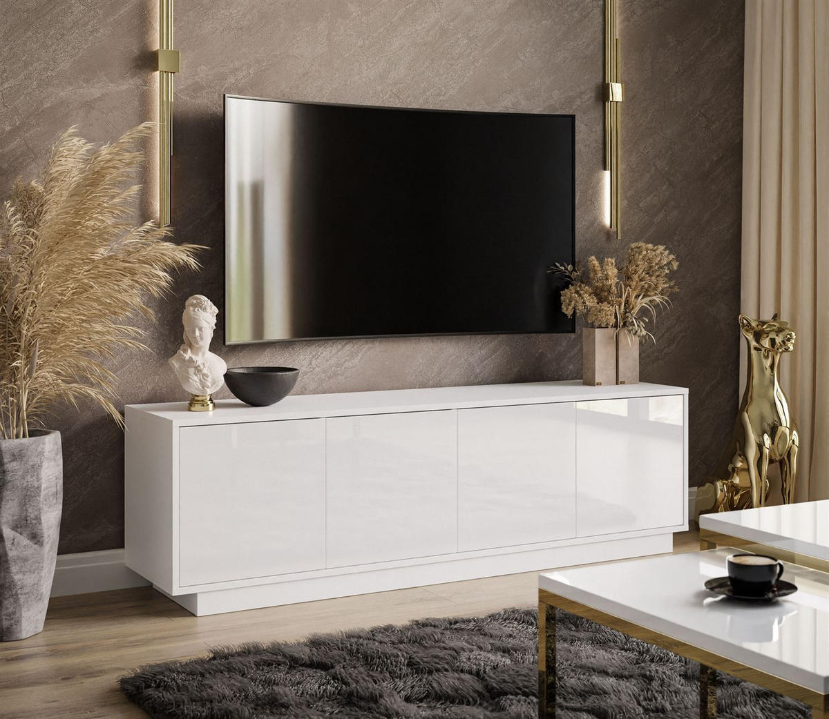 TV-ELEMENT SANAYI auf Sockel Hochglanz Weiß - Weiß, Holzwerkstoff (156/47/38cm) - Lookway