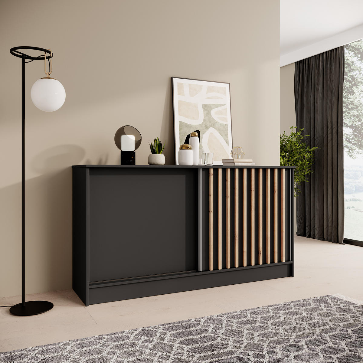 KOMMODE Horizon mit 2 Schiebetüren, Schwarz, 160 cm - Schwarz/Eiche Artisan, Holzwerkstoff (161/85/43.5cm) - Beautysofa