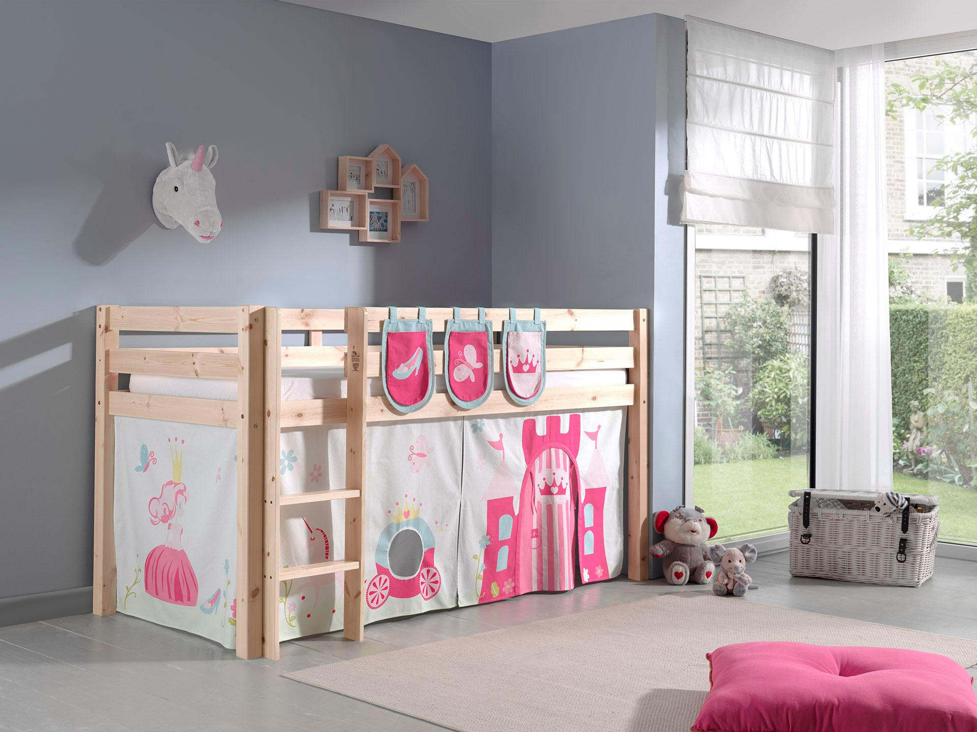 KINDERBETT Karolina 210x114x106 Massivholz Natur Textilset Princess 3 - Magenta/Kieferfarben, Holz (90/200cm) - 58aufmkessel