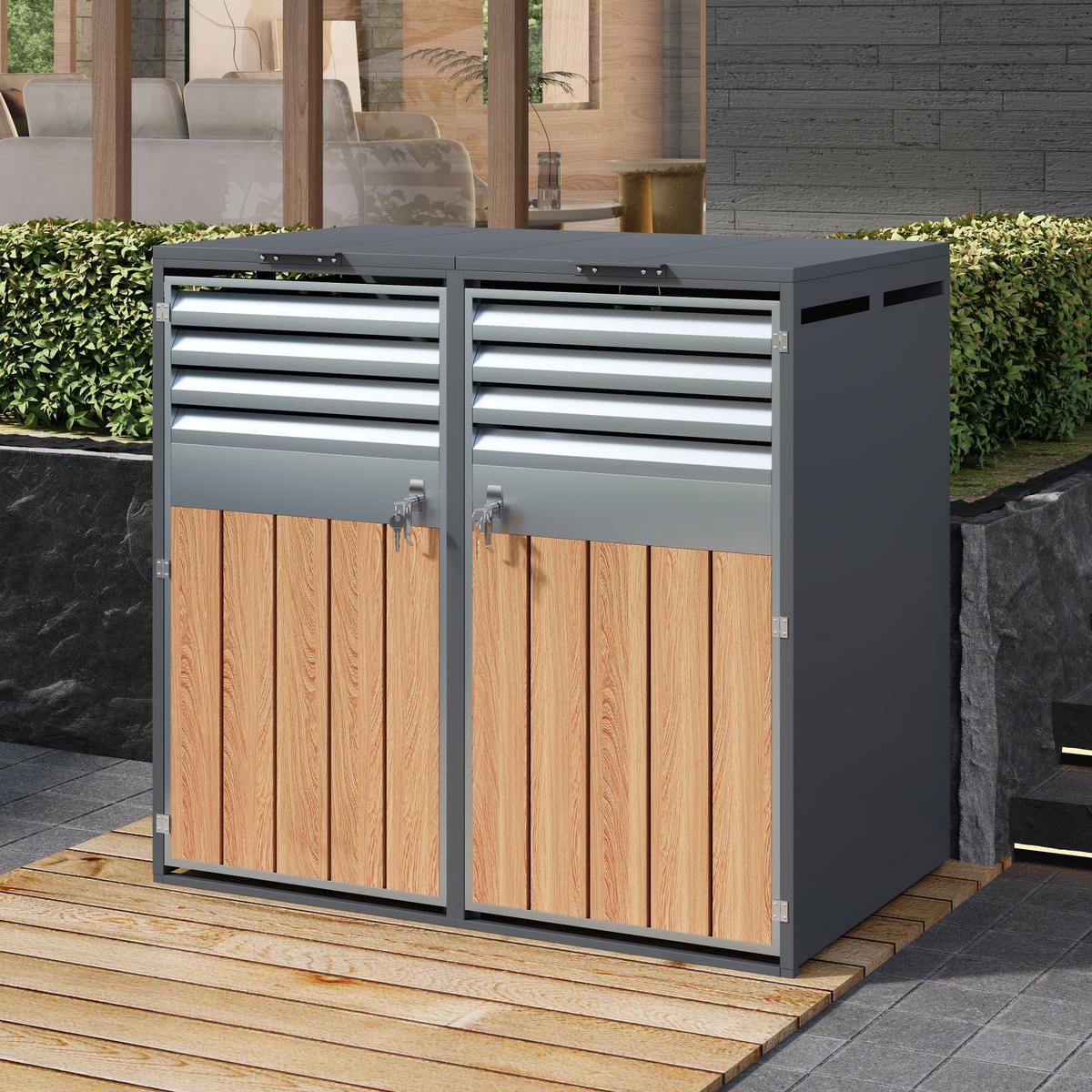 MÜLLTONNENBOX Zweiteilig Holzmaserung Grau - Grau, Metall (132/118.5/80cm) - ComfortXL