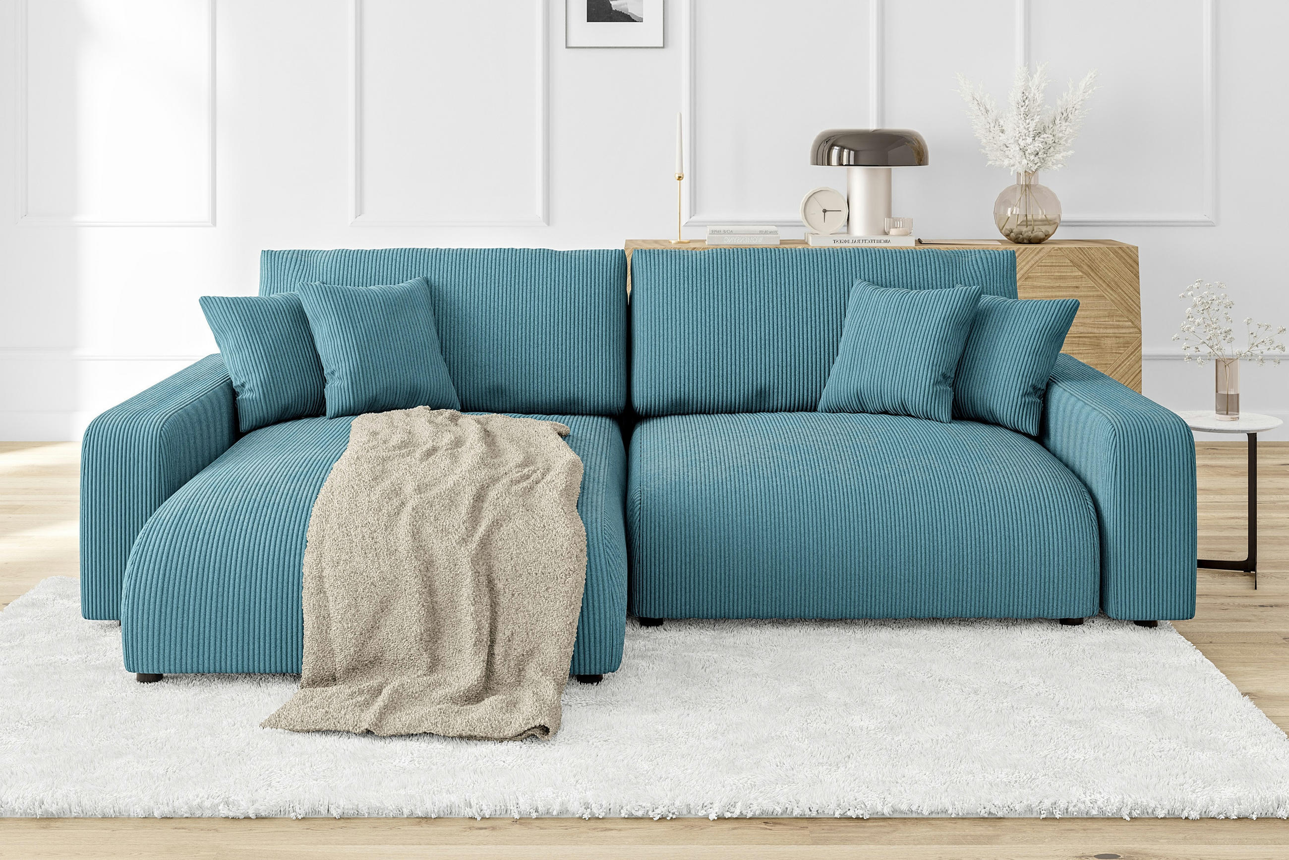 ECKSOFA Emma Türkis Cord - Ottomane links - Türkis, Textil (234/170cm) - S-Style Möbel