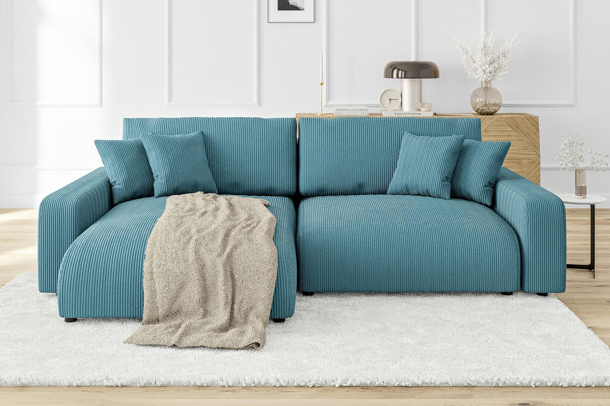 ECKSOFA Emma Türkis Cord - Ottomane links - Türkis, Textil (234/170cm) - S-Style Möbel