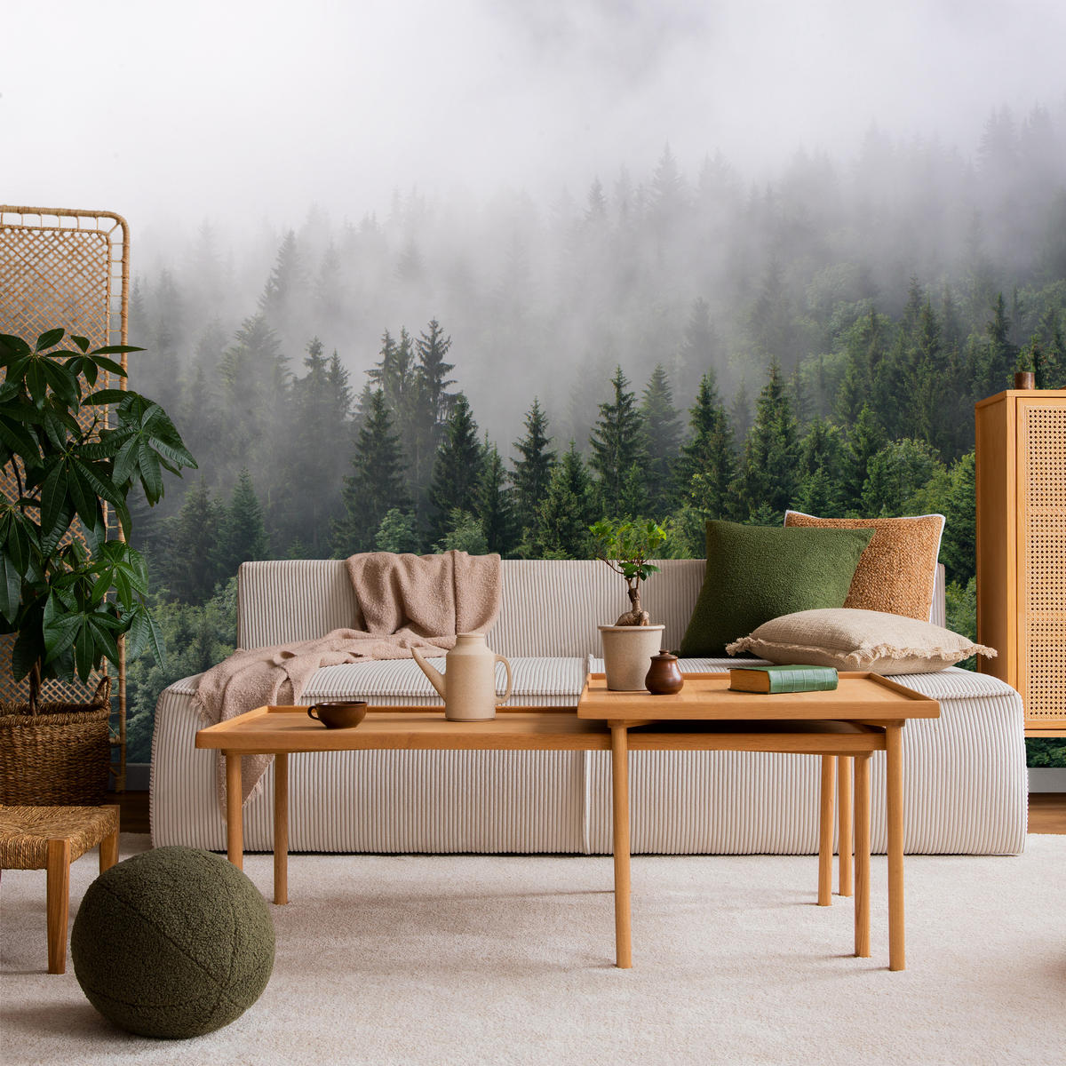 FOTOTAPETE für Wohnzimmer Nadelbäume Nebelwald Grün 200x140 - Grau/Grün, Papier (200/140cm) - Muralo