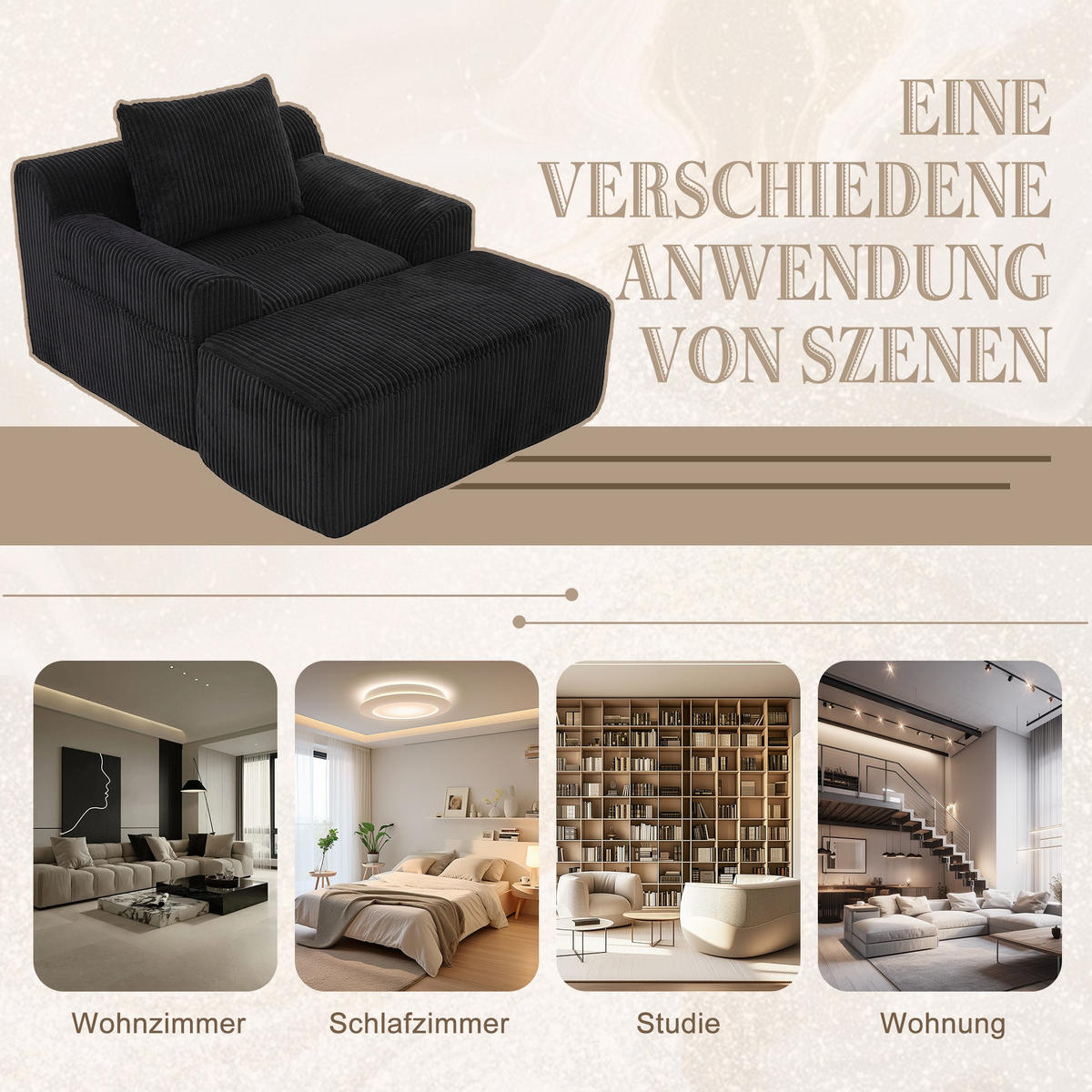RELAXSESSELSET Übergroßer Loungesesselmit Fußhocker,Cord,Schwarz - Schwarz, Textil (110/87/147cm) - LVHOM