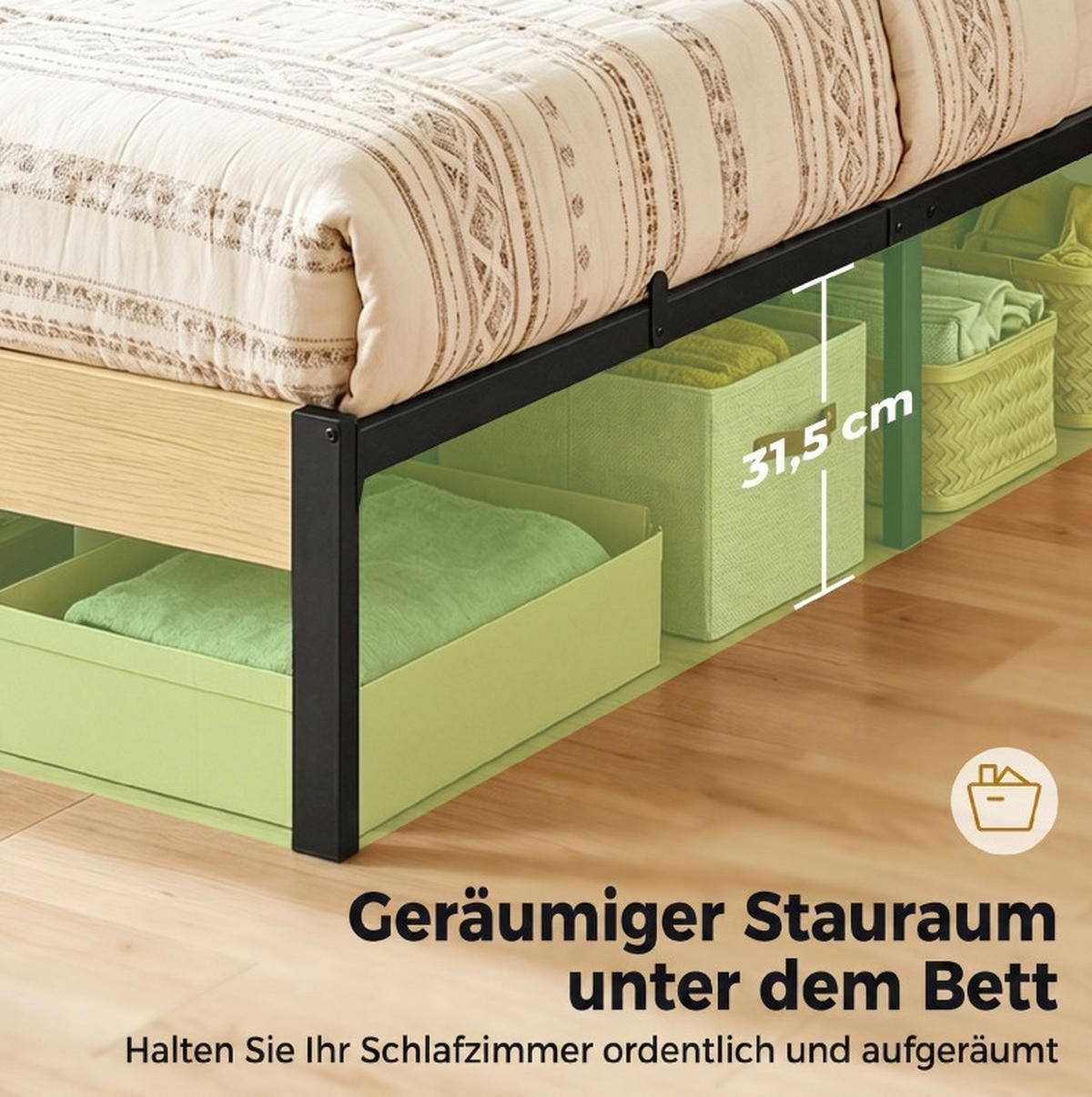 BETT 90/200 cm in Natur/Schwarz mit Kopfteil und Stauraum - Naturfarben, Metall (90/200cm) - Flora Grace