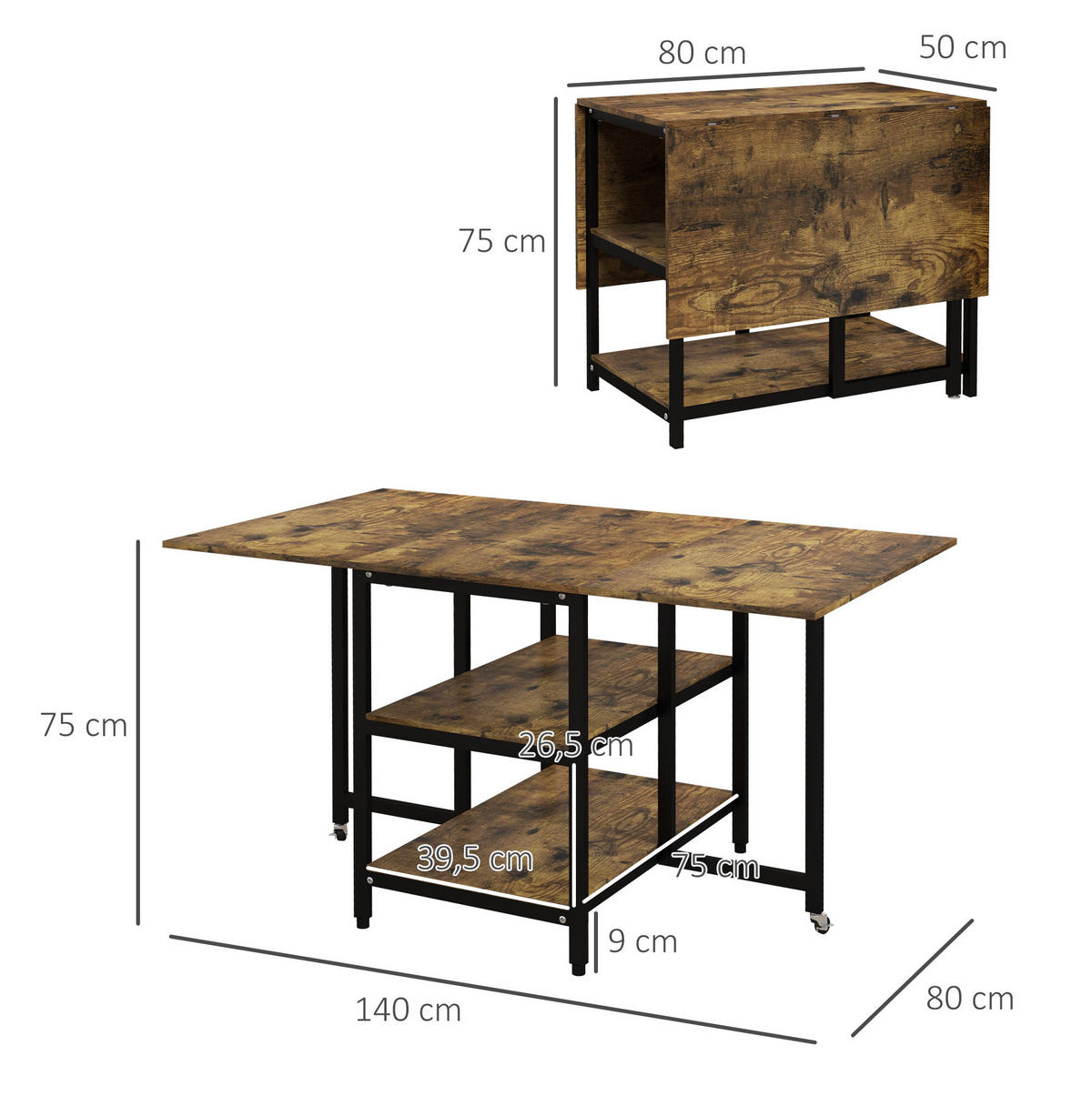 KLAPPTISCH 140/80/75 cm, platzsparend, seitlich ausklappbar mit Ablagen - Braun, Metall (140/80/75cm) - BEAOK