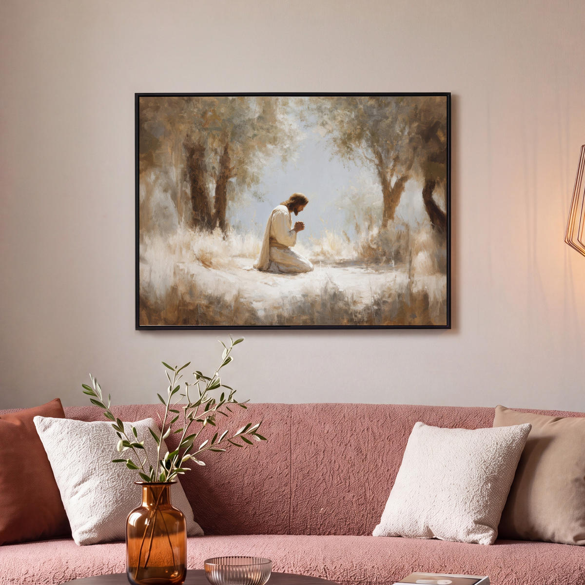 LEINWAND Bilder mit Rahmen - Jesus - Kniend - Waldlandschaft - Betend - 80x60 - Beige, Textil (80/60cm) - MuchoWow