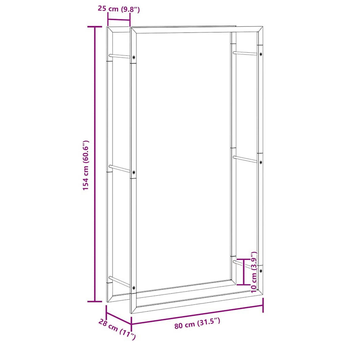BRENNHOLZREGAL Mattschwarz 80/28/154 Cm Stahl - Schwarz, Metall (28/154/80cm) - vidaXL