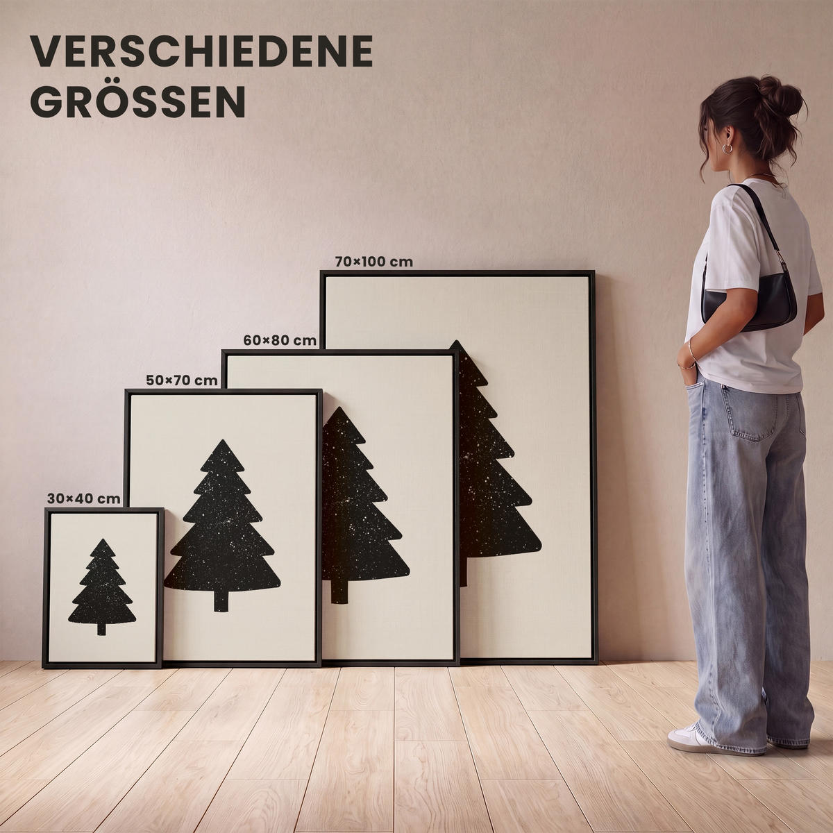 LEINWAND Bilder mit Rahmen - Weihnachtsbaum - Schwarz - Urlaub - Beige - 30x40 - Schwarz, Textil (30/40cm) - MuchoWow