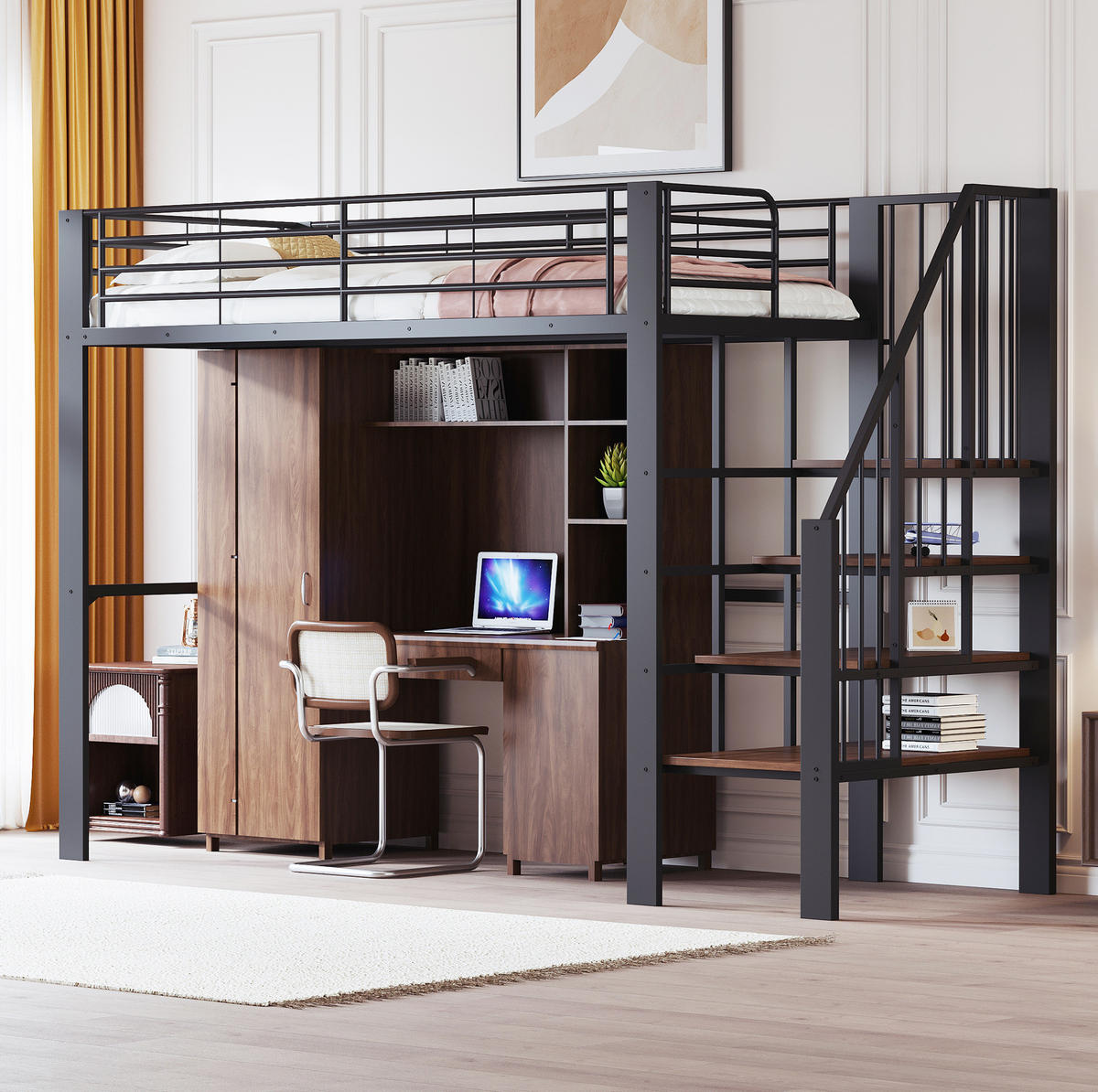 HOCHBETT 90/200 cm, Schwarz mit Stauraum und Treppe - Schwarz, Metall (90/200cm) - MIVRAY