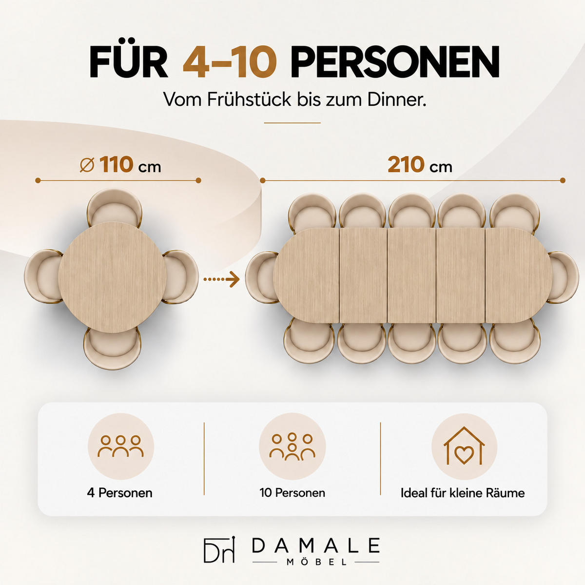 ESSTISCH rund ausziehbar 110/210/76 cm, Braun Hikora Egger Natur, 54 cm Tischplatte + X Metallbeine Schwarz - Eichefarben/Schwarz, Holzwerkstoff/Metall (110/210/76cm) - Damale Möbel