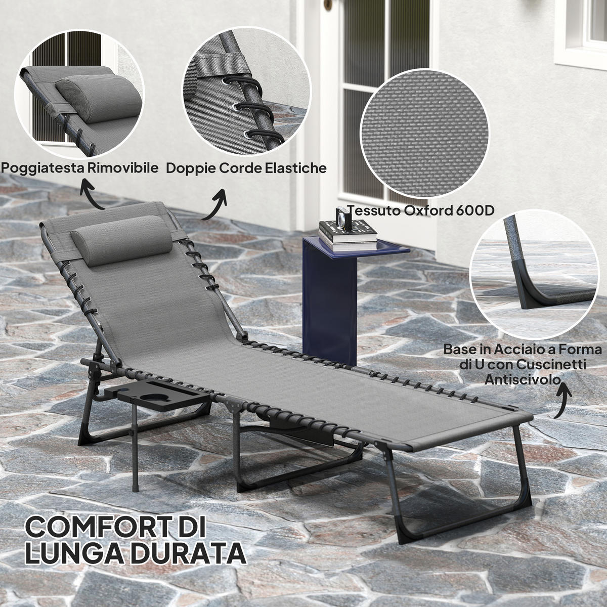 SONNENLIEGE Klappbare und verstellbare 5-stufige mit Beistelltisch und Tasche Grau und Schwarz 60 x 190 x 31 cm - Grau, Metall (60/31/190cm) - Vallsero