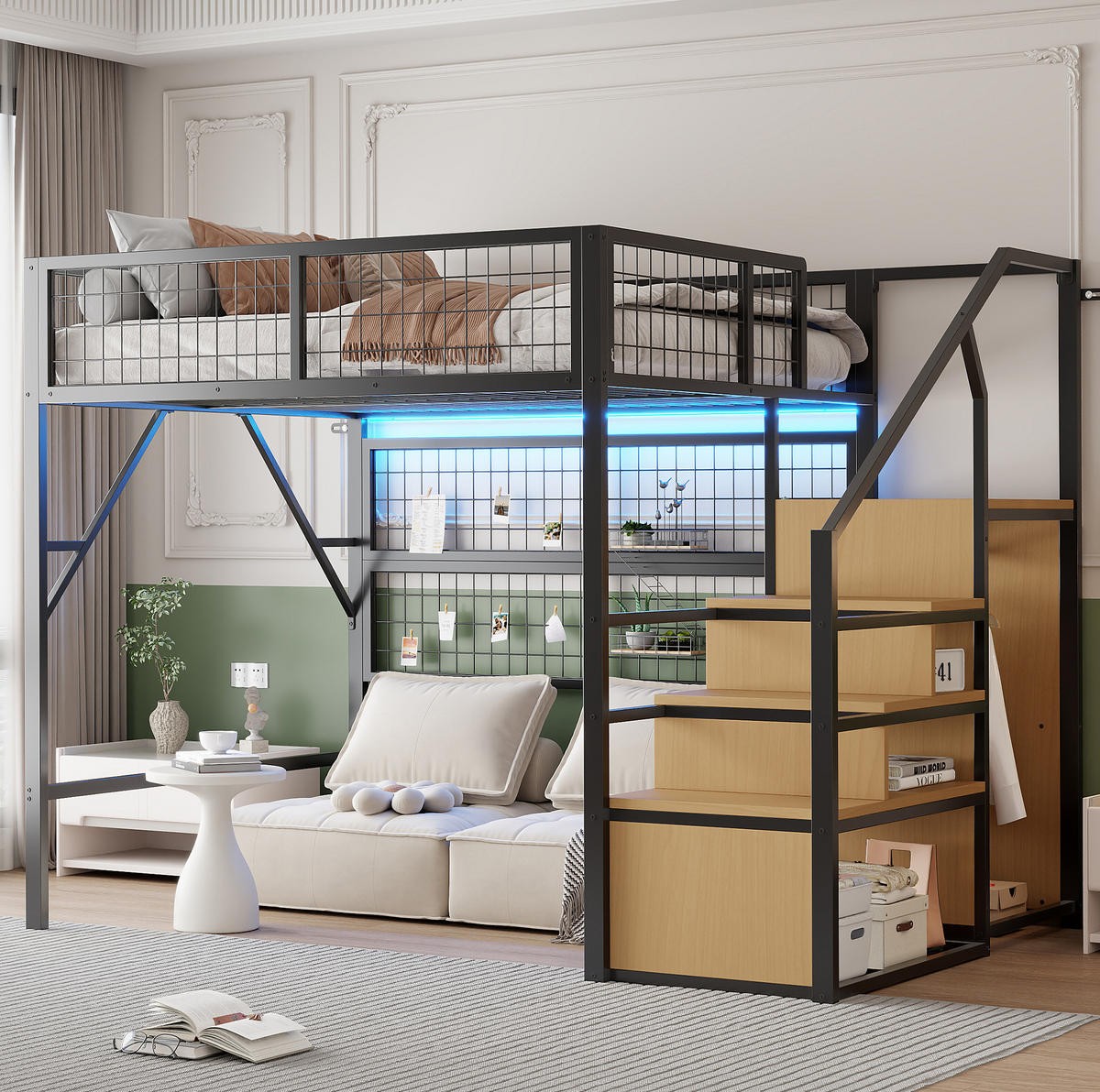 HOCHBETT 140/200 cm aus Metall mit Treppe, Stauraum und LED-Beleuchtung Schwarz - Schwarz, Metall (140/200cm) - Modenvie