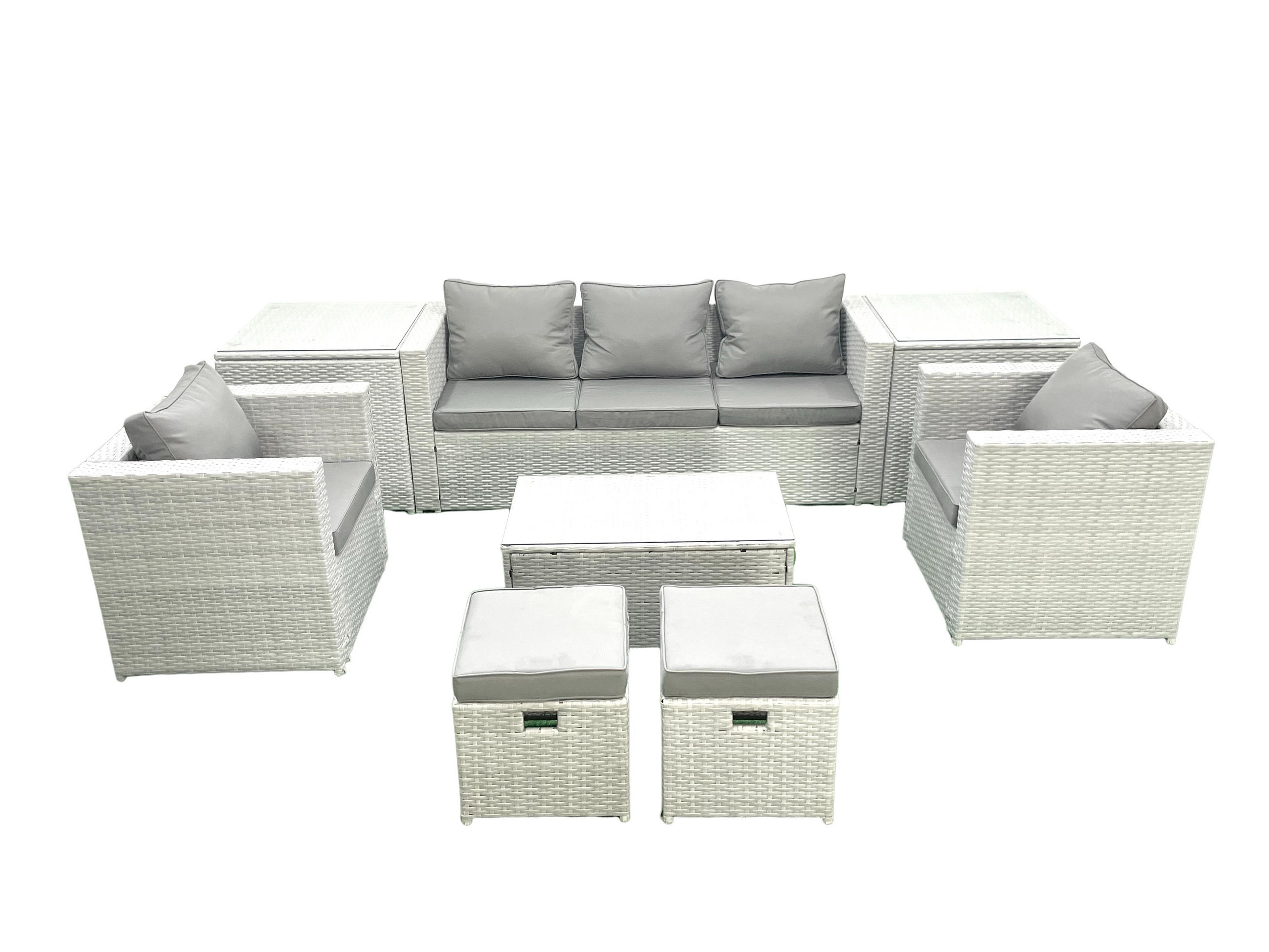 GARTENMÖBELSET mit 3-SITZER SOFA,COUCHTISCH Polyrattan Hellgrau-Mix 7-Sitzer - Hellgrau/Grau, Glas/Kunststoff - Fimous