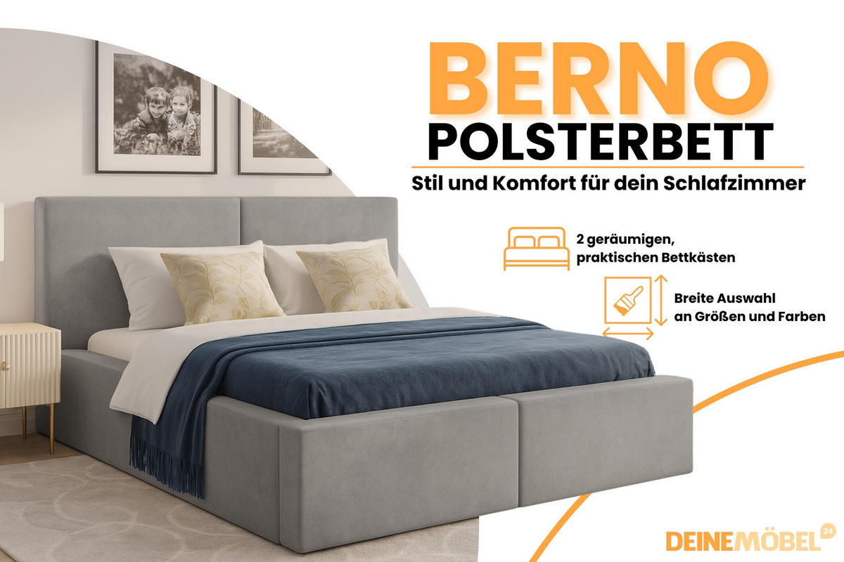 POLSTERBETT BERNO 180/200 in Velours Grau - Grau, Holz/Holzwerkstoff (180/200cm) - Deine Möbel 24
