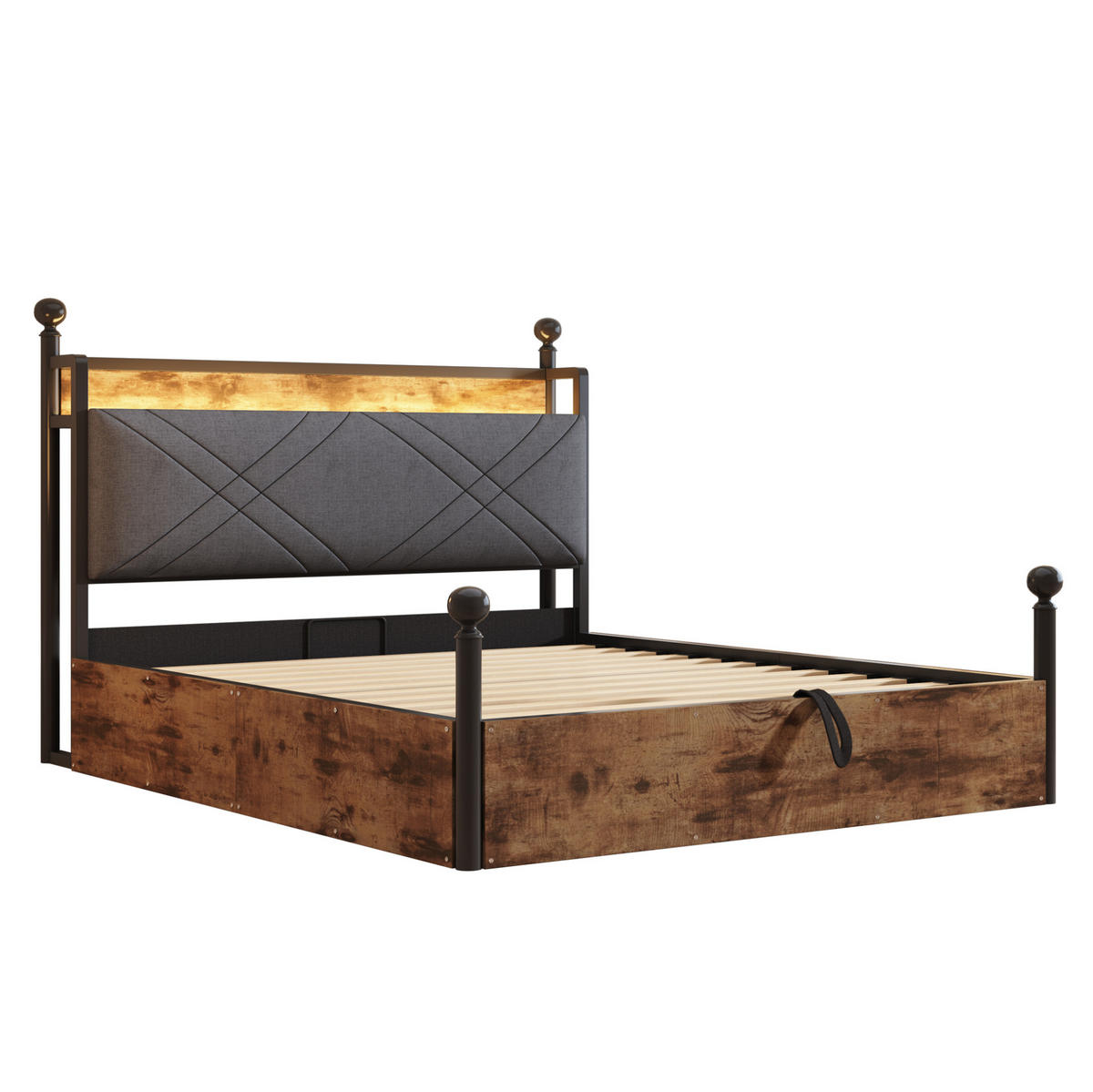 METALLBETT 140/190 cm in Schwarz mit Stauraum, LED-Beleuchtung und USB-/Type-C - Schwarz, Metall (140/190cm) - Flora Grace