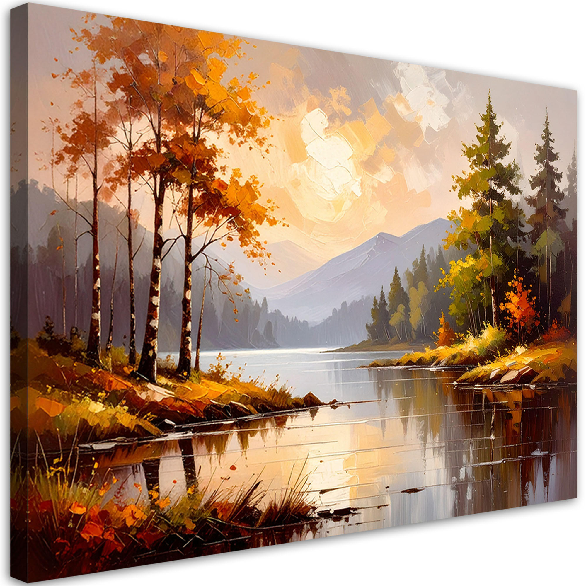 LEINWANDBILD Fluss Bäume Berglandschaft 120x80cm - Beige, Textil (120/80cm) - Feeby