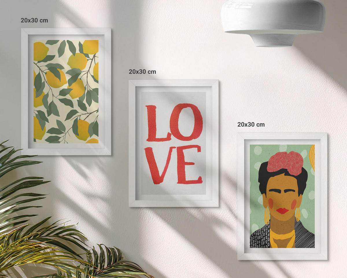 WANDBILDER 3er-Set - 20x30 cm Weißer Rahmen - Lemons LOVE Porträt von Frida - Weiß, Kunststoff (20/30cm) - ArtPrintCave