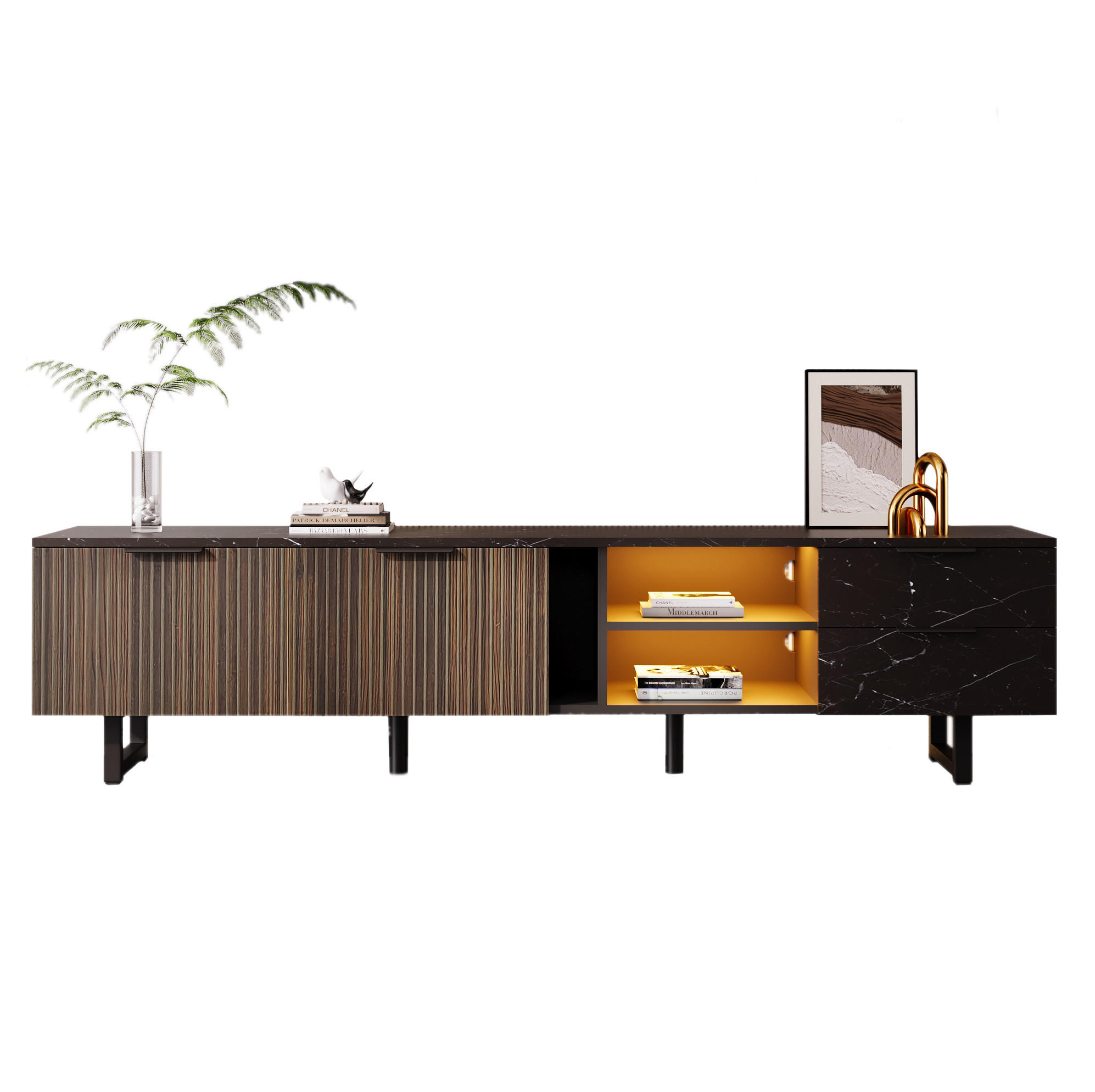 Modfu TV stolek z MDF 200x50x38 cm černý s dekorem dřeva, LED osvětlením, 2 dvířky a 2 zásuvkami