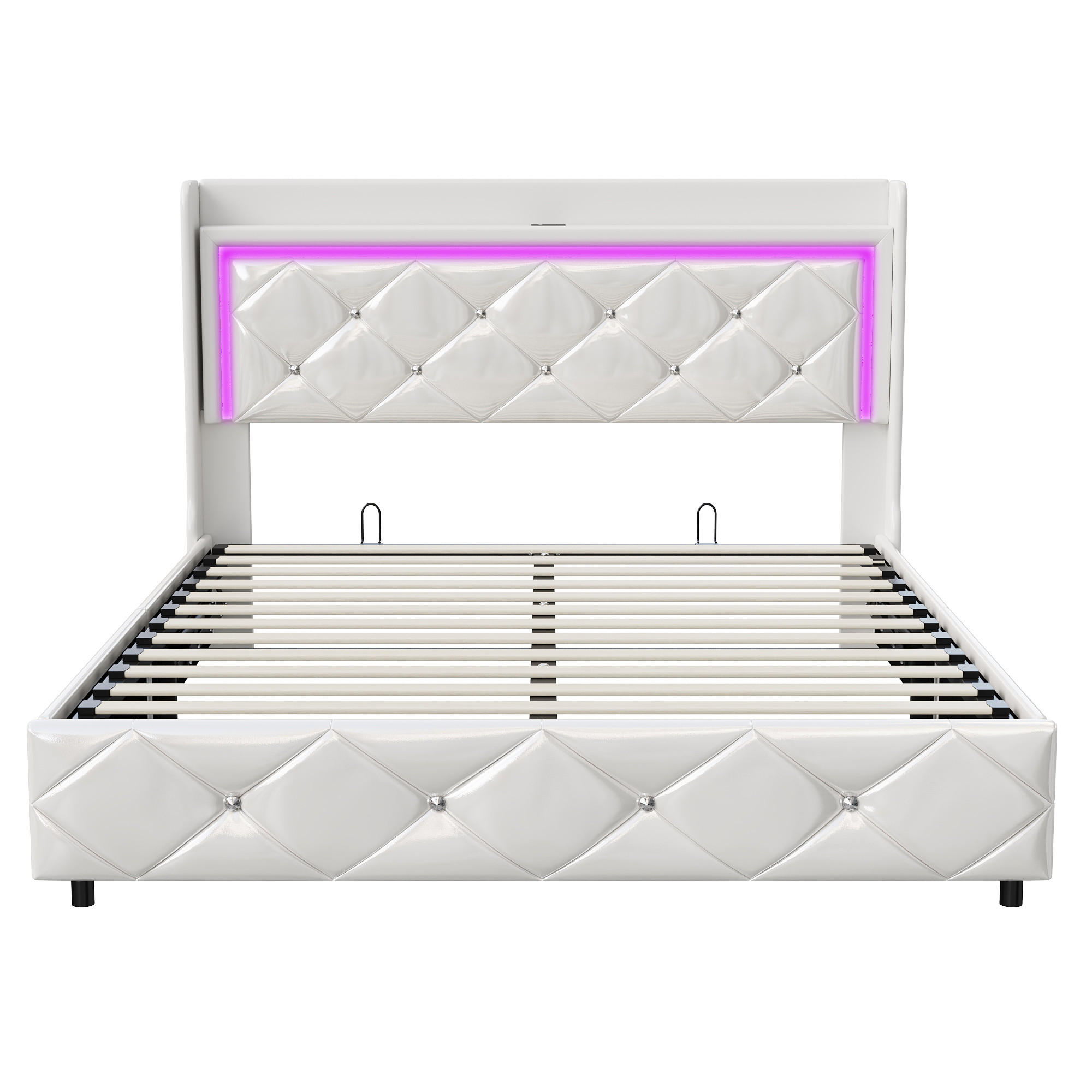 POLSTERBETT 140x200 cm LED USB C Stauraum Lattenrost PU Leder weiß - Weiß, Holz (140/200cm) - LEBENLANG