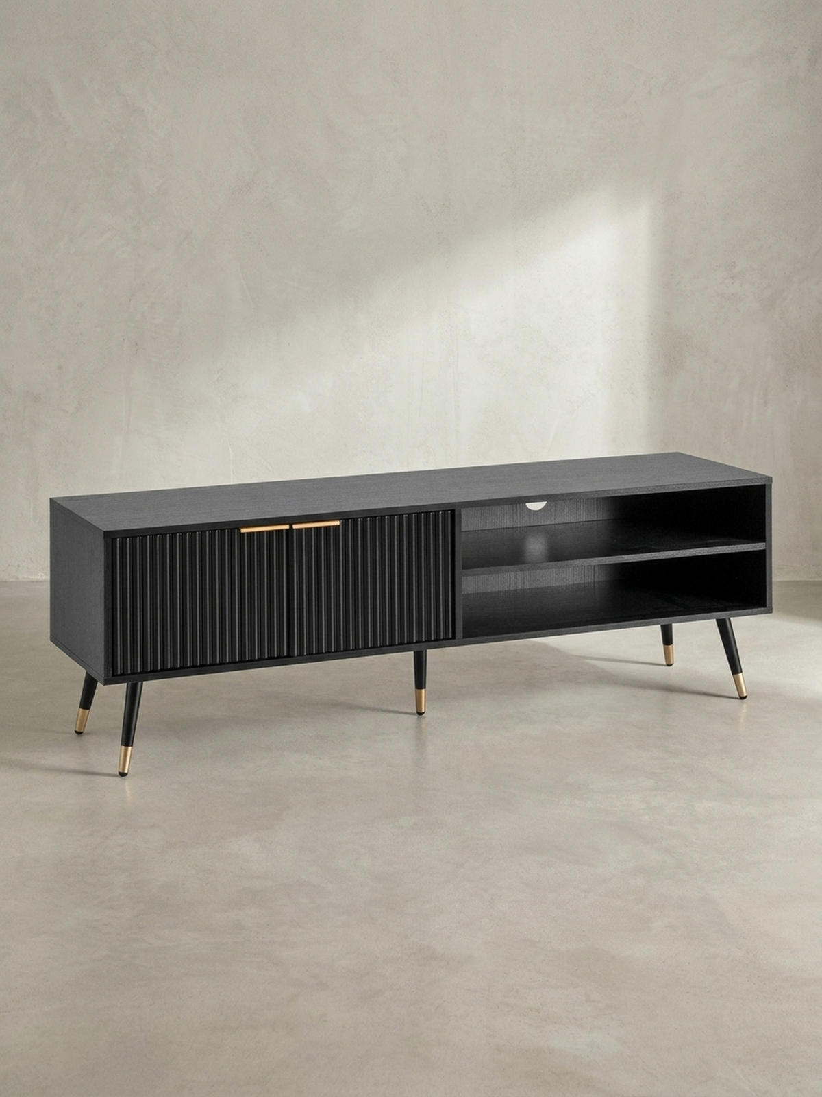 LOWBOARD Schwarz Eiche-Dekor Modern Stil 150x51x39 cm mit Türen und Ablagefächern - Goldfarben/Schwarz, Holzwerkstoff/Metall (150/51/39cm) - KADIMA DESIGN