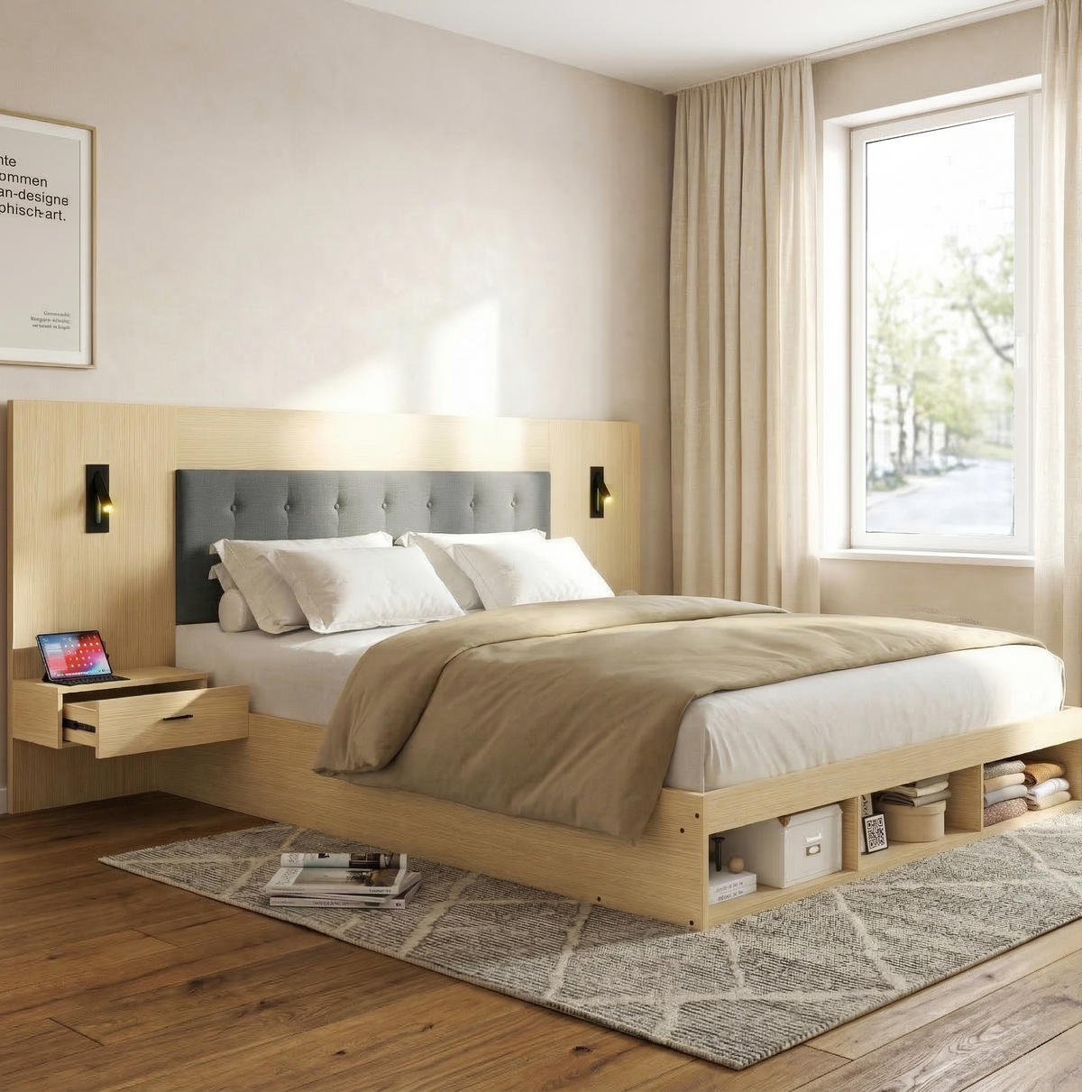 BETT 160/200 cm helle Eiche aus MDF mit 2 Nachttischen, USB- und Typ-C-Anschlüssen - Eichefarben, Holzwerkstoff (180/200cm) - OKMYHOME