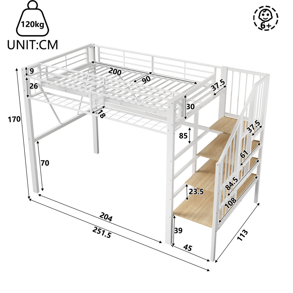 HOCHBETT 90/200 cm in Weiß mit LED und Stauraum - Weiß, Holzwerkstoff/Metall (90/200cm) - WISHDOR