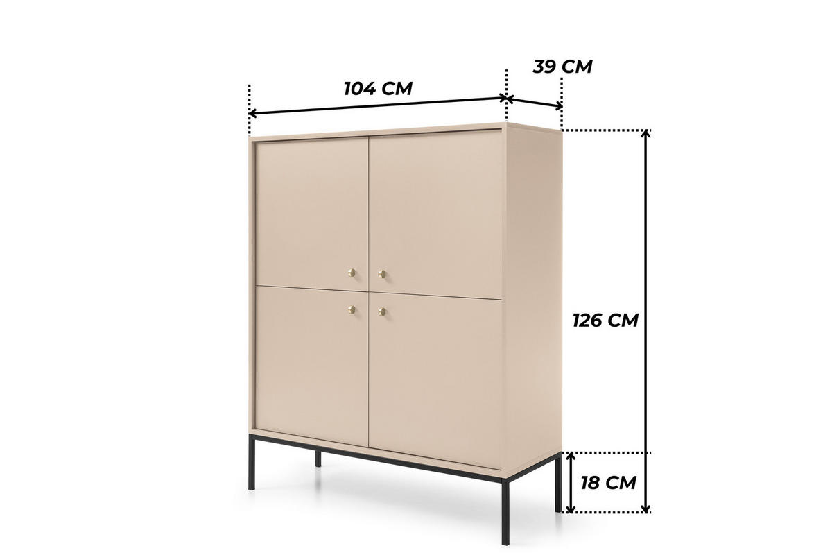 HOCHKOMMODE BARI KW4D (Beige, Goldene Griffe, Schwarzes Gestell) - Beige/Goldfarben, Holz/Holzwerkstoff (104/126/39cm) - Ravio