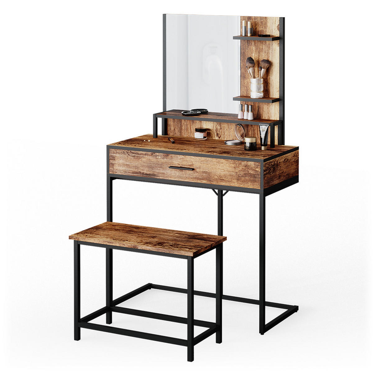 SITZBANK Fyrk Antikholz 60 cm für Schminktisch - Alteiche/Schwarz, Holzwerkstoff (60/45/30cm) - Vicco