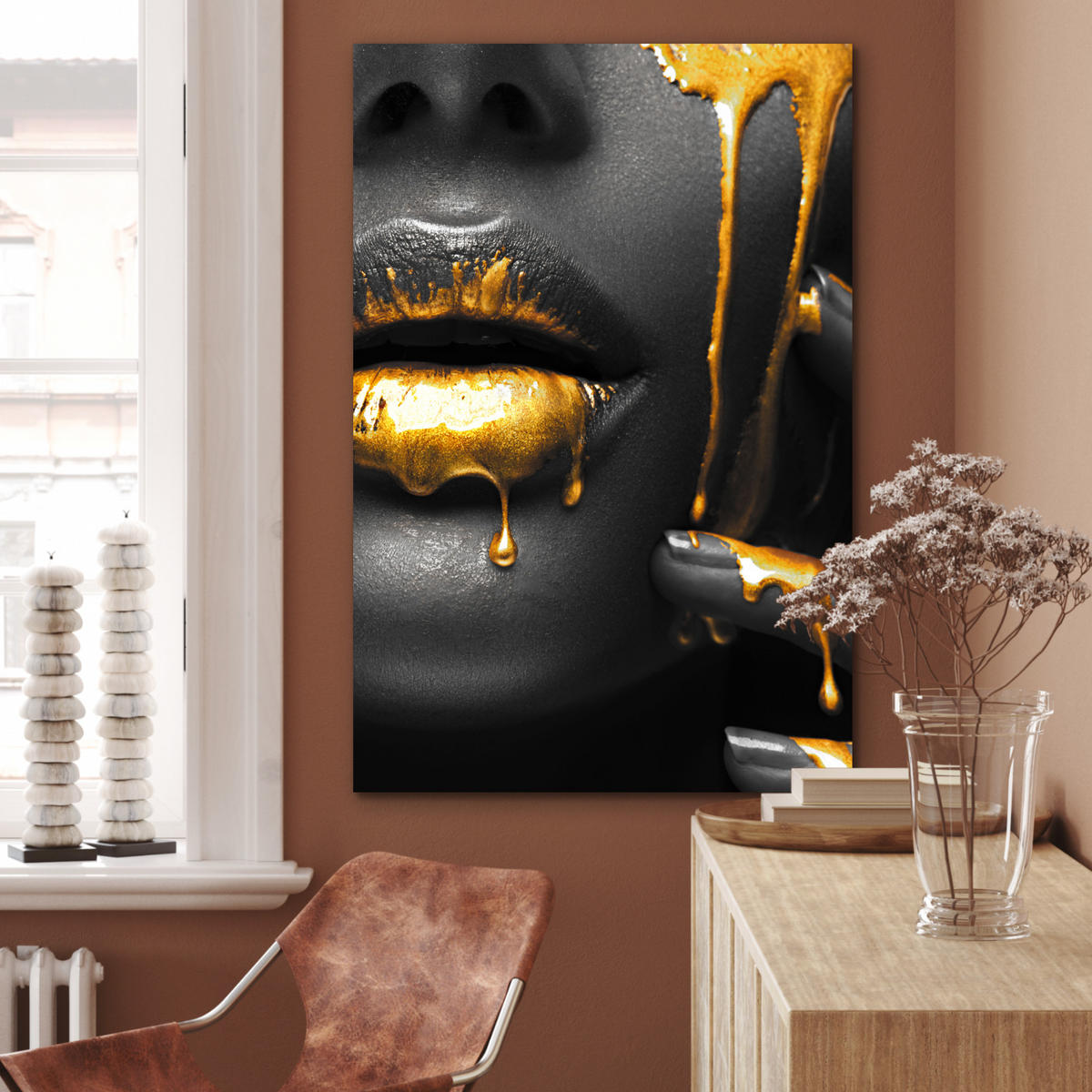 METALLBILD Frau - Schwarz - Gold - Gesicht - Lippen 60x90 cm - Goldfarben, Metall (60/90cm) - MuchoWow