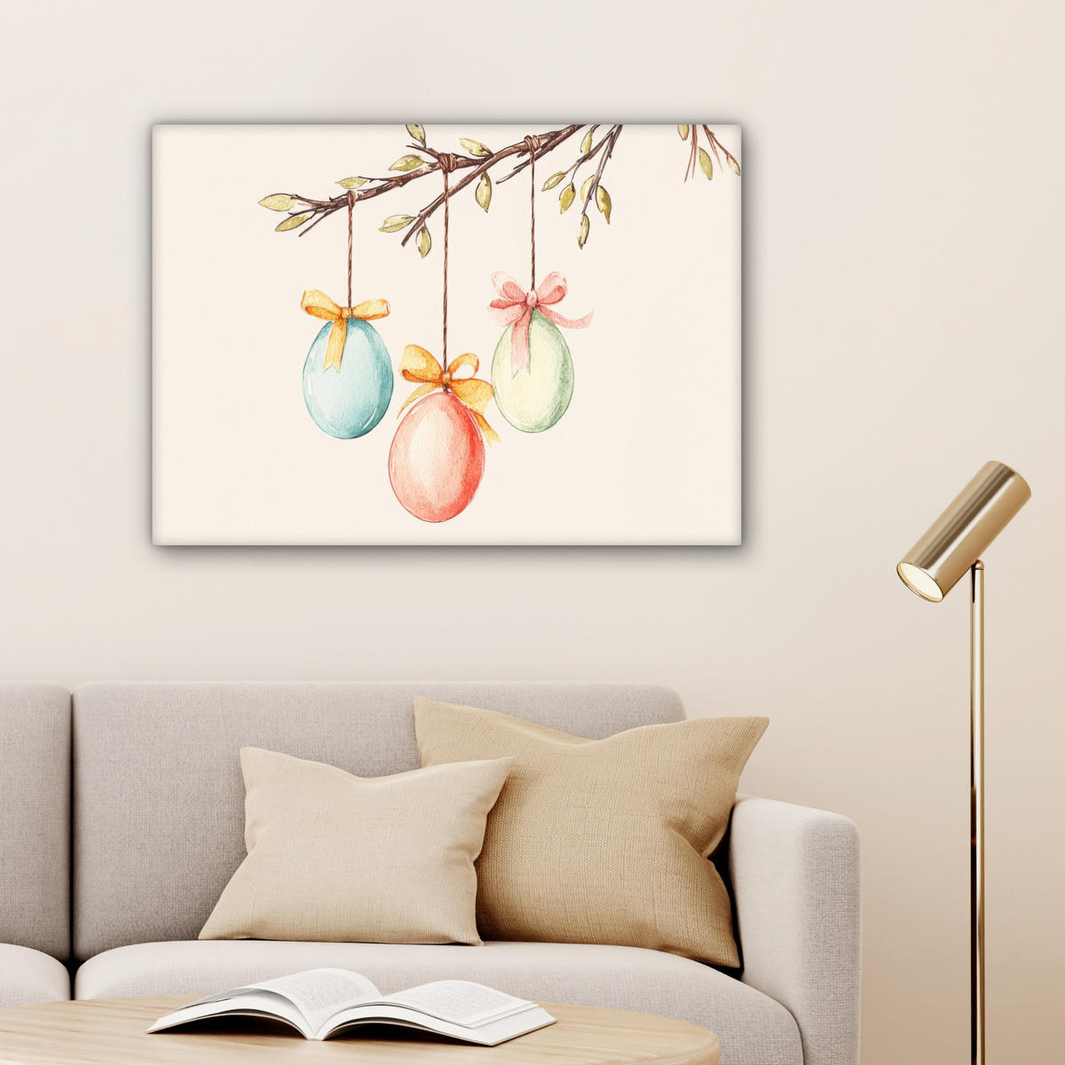 LEINWANDBILD Osterkuchen - Schleife - Eier Wandbilder 80x60 cm - Creme, Textil (80/60cm) - MuchoWow