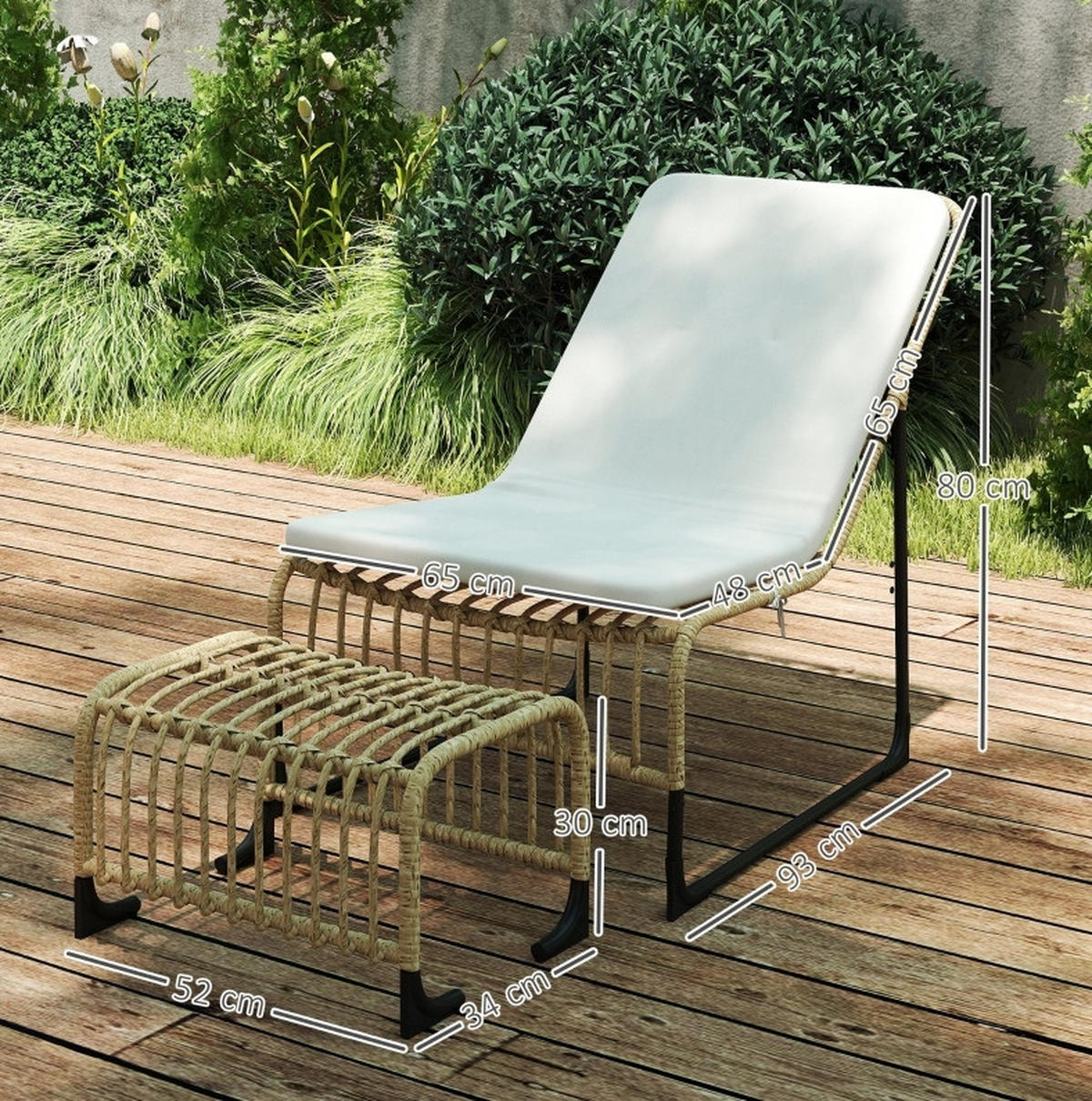 GARTENSESSEL-SET 65/93/80 cm mit Fußhocker, Kissen und UV-beständigem Rattan, Cremeweiß - Beige, Metall (65/80/96cm) - Redom