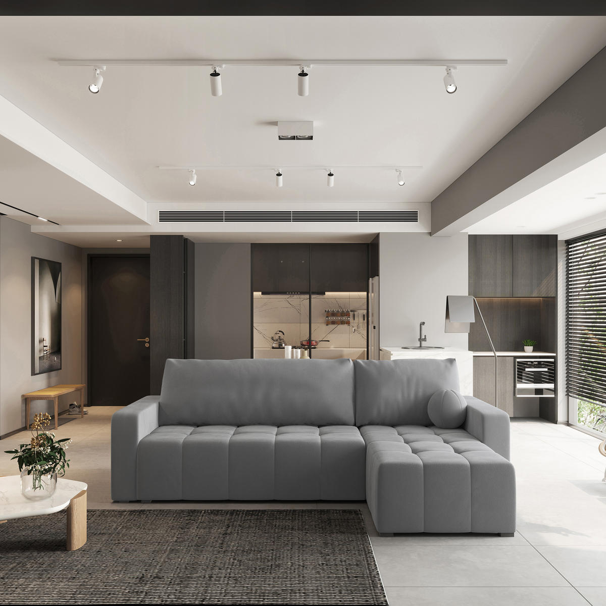 ECKSOFA VOLIRA Grau Plüsch-Stoff mit Schlaffunktion - Grau, Holz (230/143cm) - MASSENO