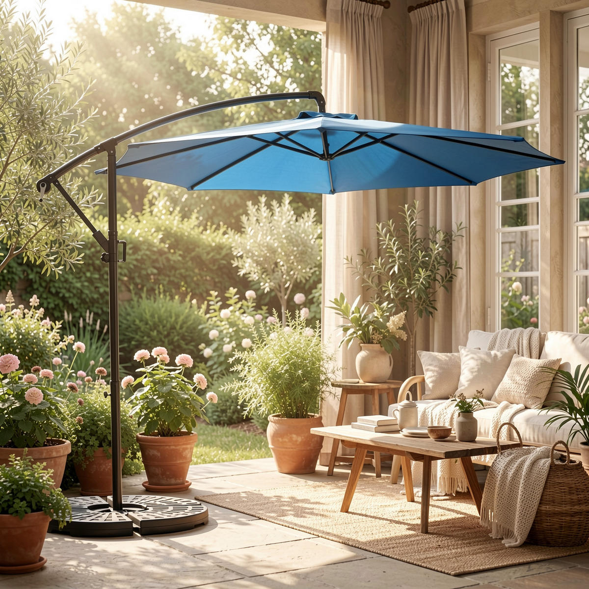 AMPELSCHIRM 294 cm Blau Stahl Hängender Gartenschirm mit Kurbel & Neigungsfunktion für Terrasse - Dunkelblau, Metall (294/294cm) - Urban Meuble