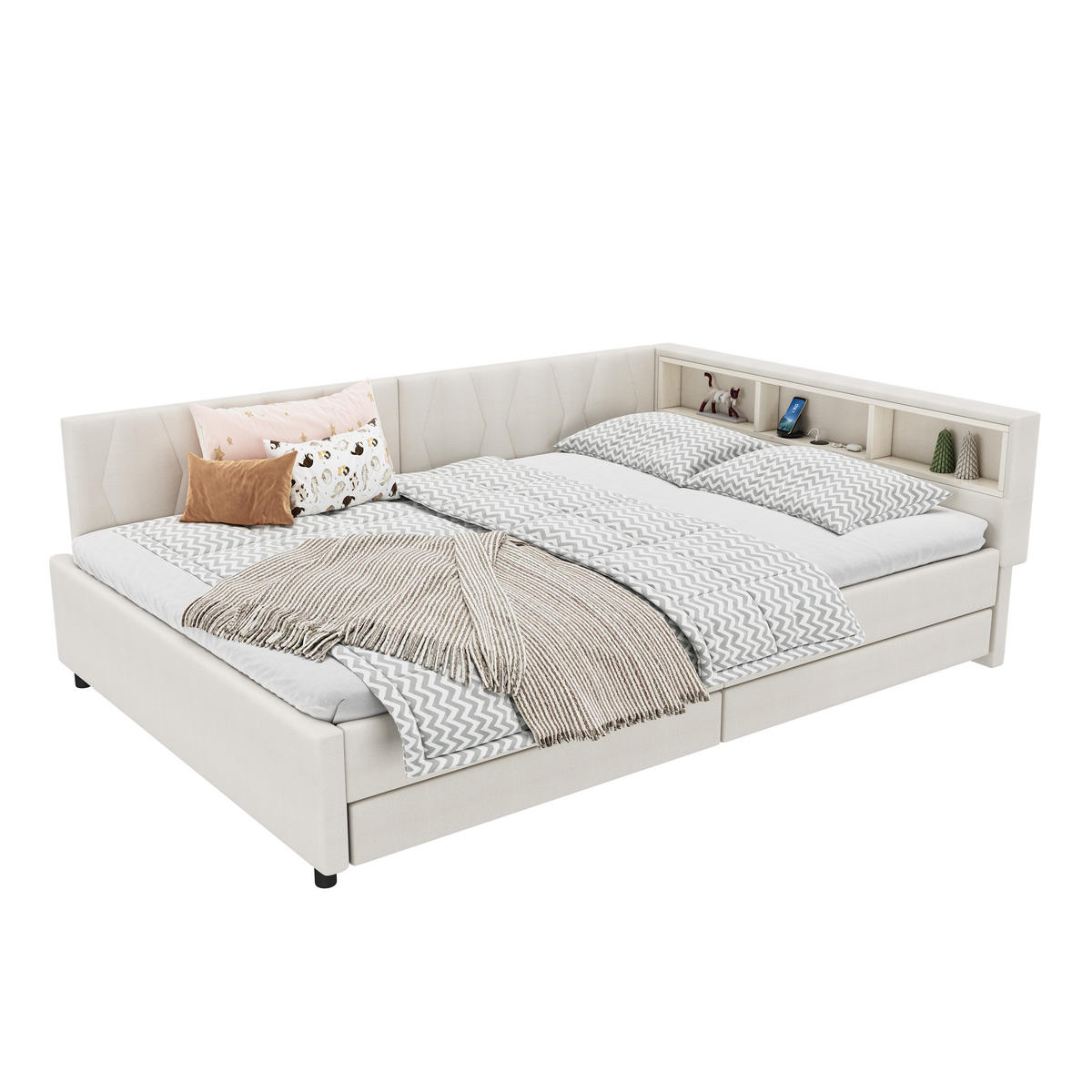 TAGEBETT 140x200cm Beige Leinen USB-C LED-Licht 2 Schubladen - Beige, Holz (140/200cm) - FLIEKS