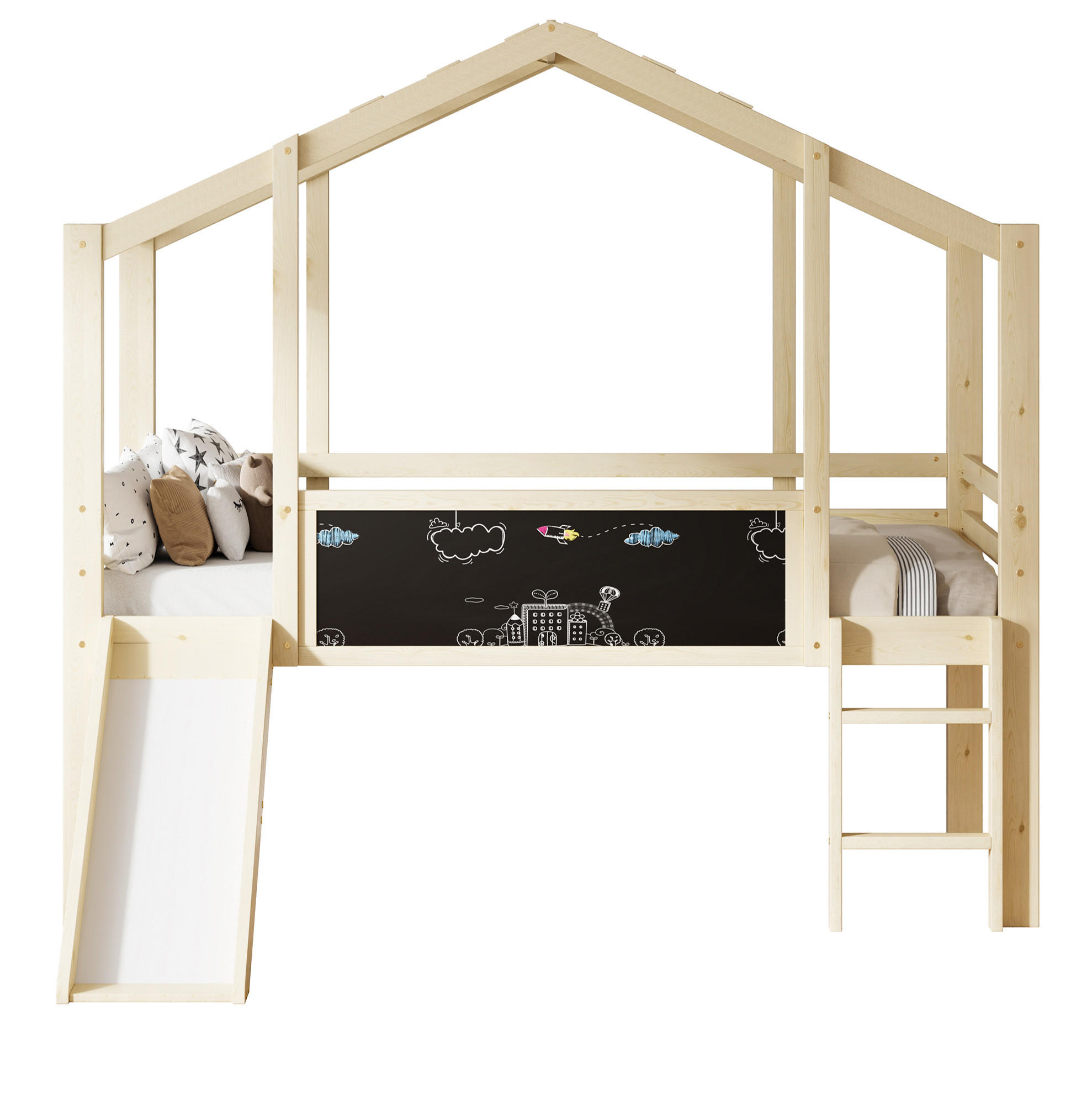 HOCHBETT 90/200 cm Dachboden-Design mit Rutsche und Tafel aus Massivholz mit Matratze - Naturfarben, Holzwerkstoff (90/200cm) - OKWISH