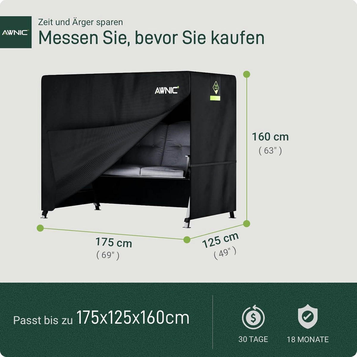 HOLLYWOODSCHAUKEL Abdeckung 175 x 125 x 160 cm Wasserdicht - Schwarz, Textil (125/160/175cm)