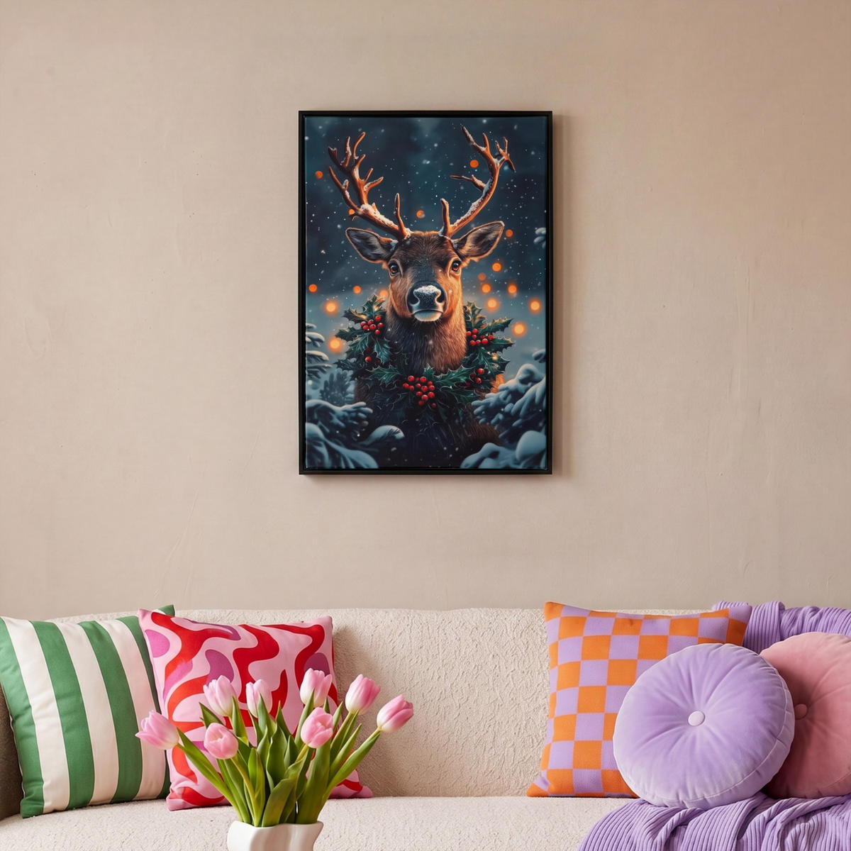 LEINWAND Bilder mit Rahmen - Hirsch - Weihnachten - Winter - Schnee - Weihnachtskranz - 40x60 - Dunkelbraun, Textil (40/60cm) - MuchoWow
