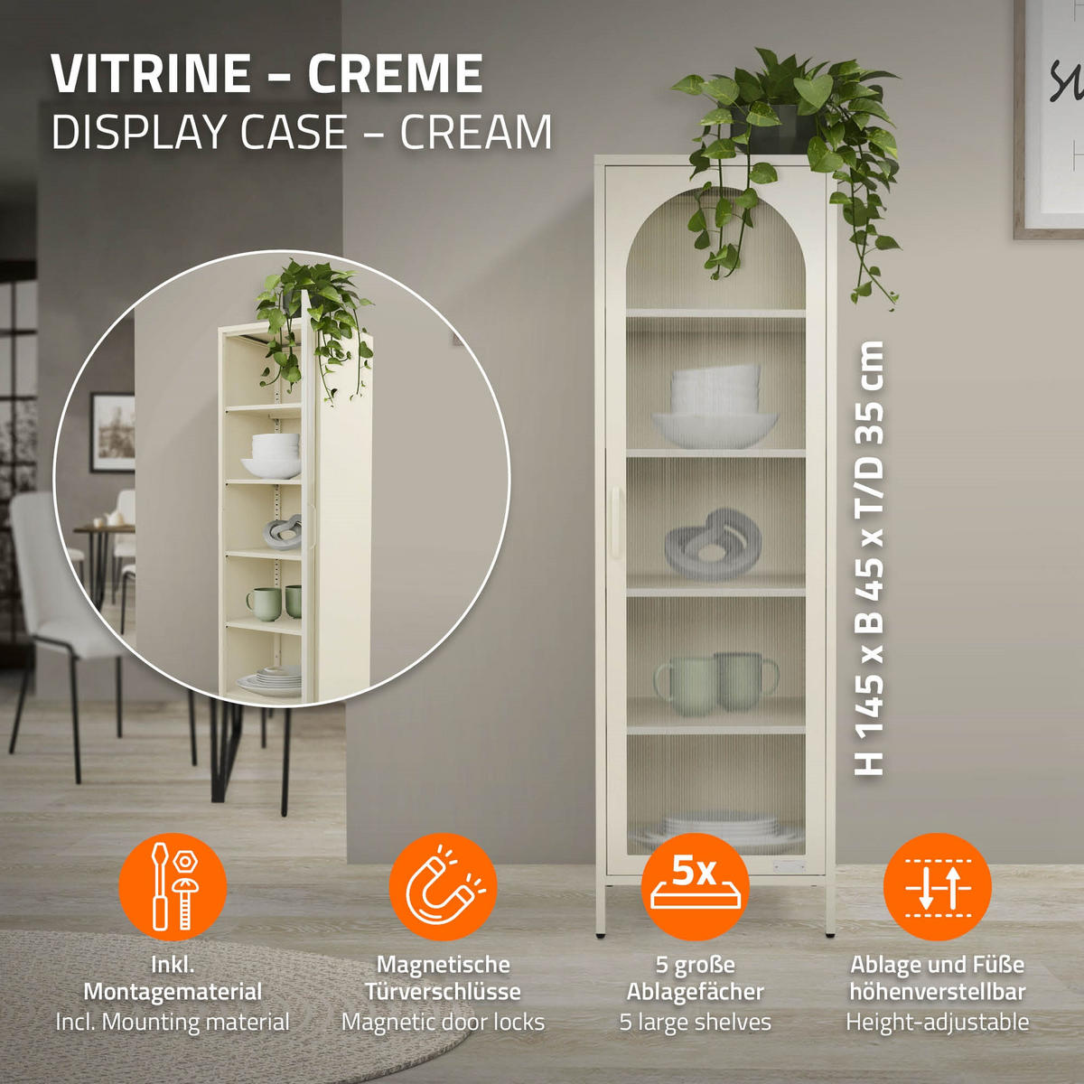 VITRINENSCHRANK 45x145x35 cm Creme aus Stahl - Creme, Metall (45/145/35cm) - ML-DESIGN