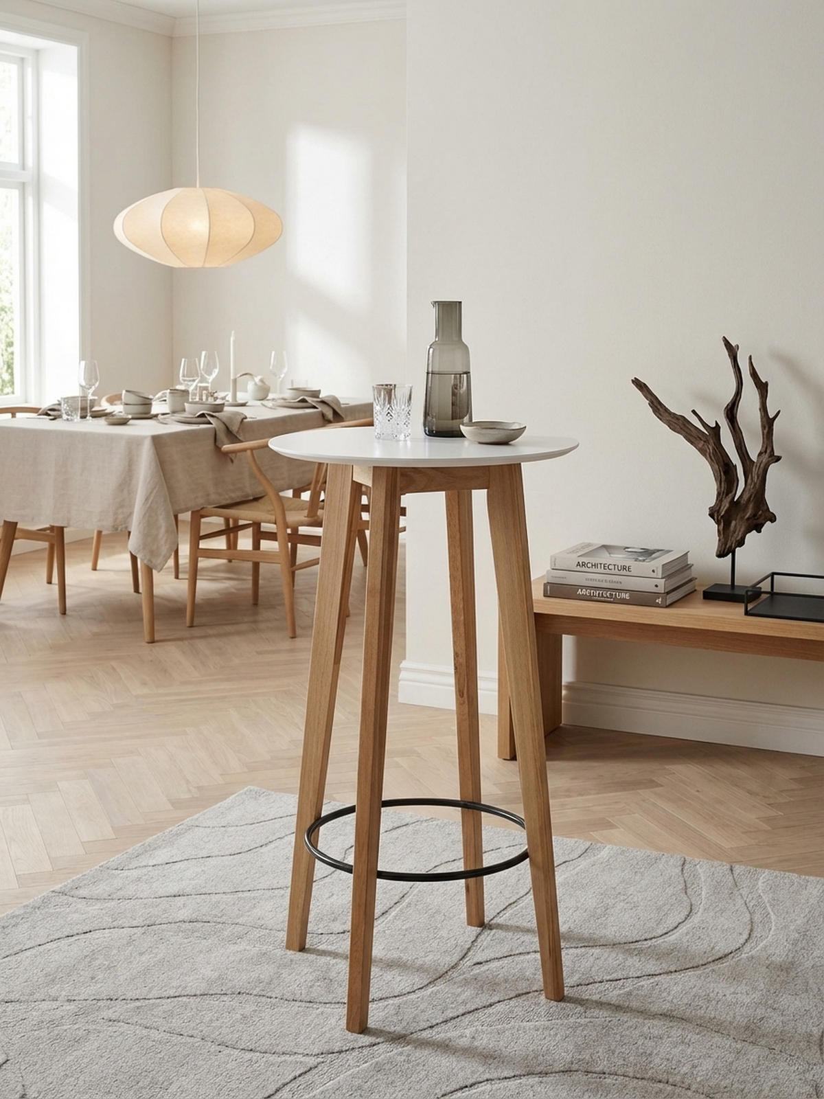 BARTISCH – Skandinavisch, Eiche, rund, 50 kg Belastbarkeit - Weiß/Braun, Eichenholz/Holz (60/60/110cm) - KADIMA DESIGN