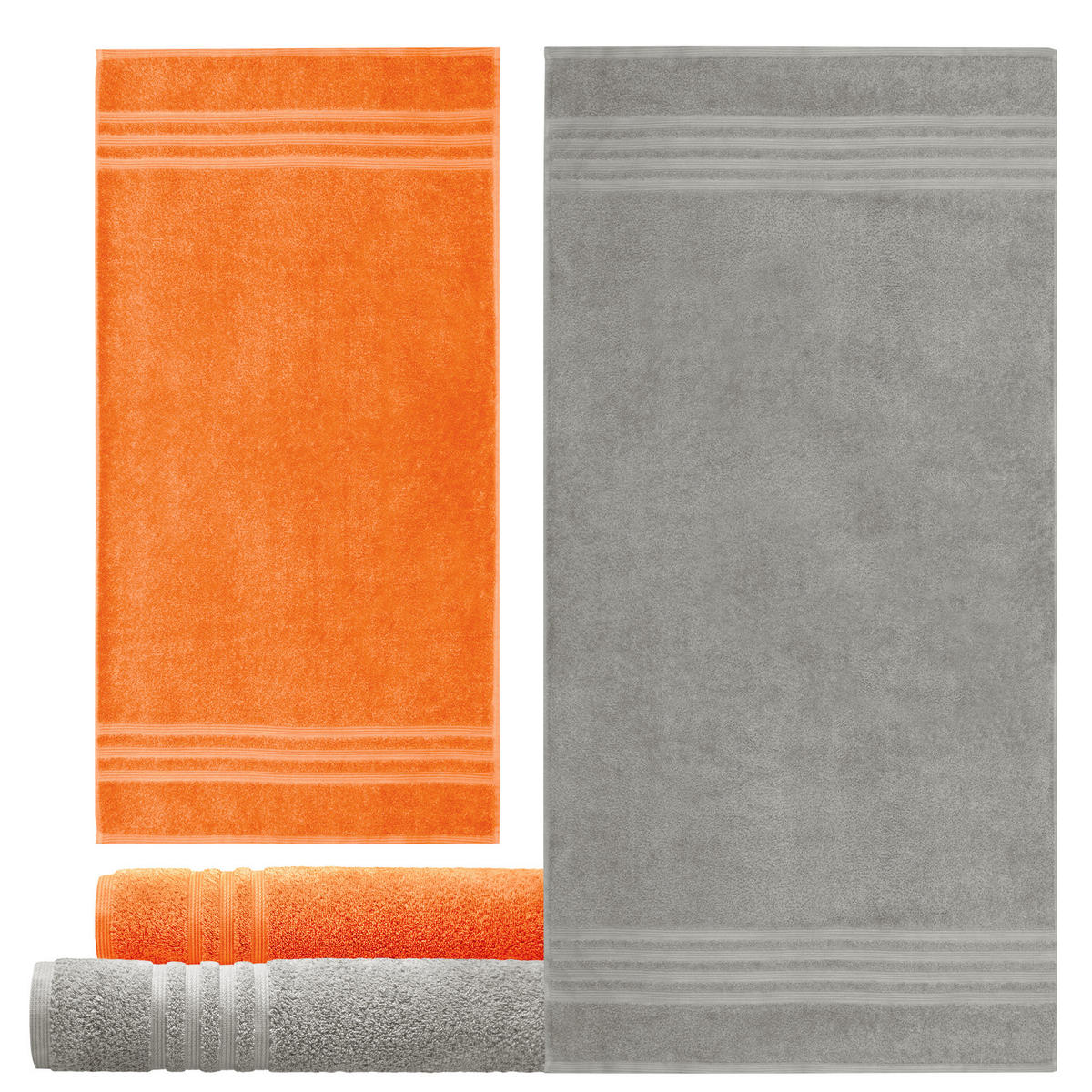 HANDTUCH Set London 8-teilig, 2x Duschtuch 70x140 + 2x Handtuch 50x100 + 2x Gästetuch 30x50 + 2x Waschlappen 30x30 Grau - Orange - Orange/Grau, Textil (70/140cm) - Lashuma