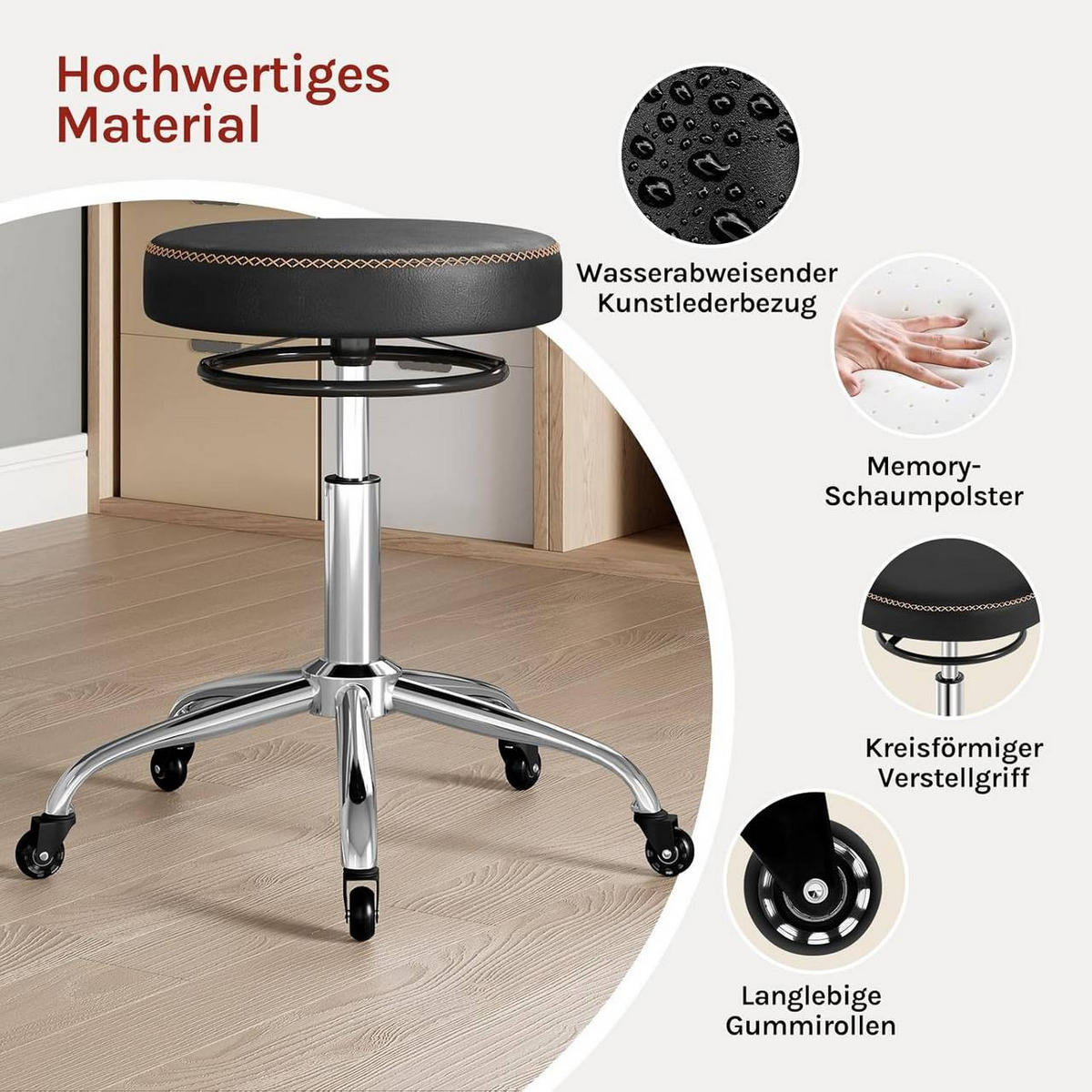 BÜROHOCKER 360° drehbar, rund, Kunstleder, Schwarz - Schwarz, Kunststoff/Textil (49/46/49cm) - Woltu