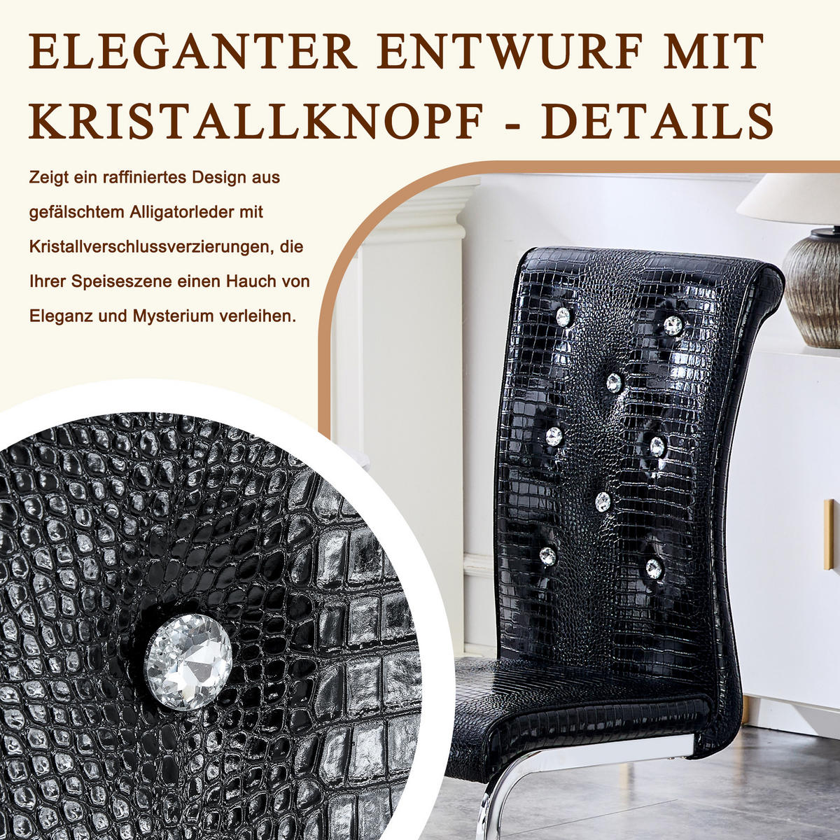 SCHWINGSTUHL DE-36793 4er-Set mit Krokodil-Prägung und Kristallknopf-Details Schwarz - Schwarz, Metall (41/101.5/57cm) - ComfortXL