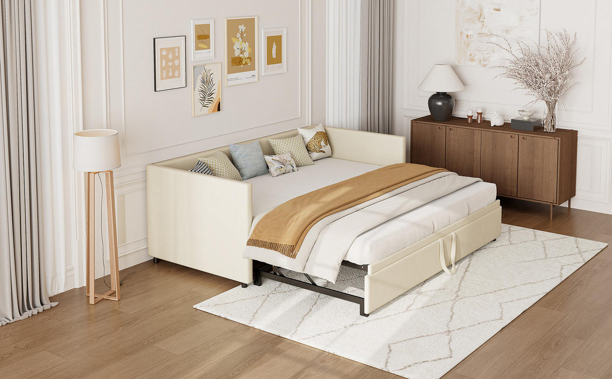 SCHLAFSOFA 90x200cm beige samt ausziehbar 180x200cm - Beige, Holzwerkstoff (180/200cm) - SHOPENTRA